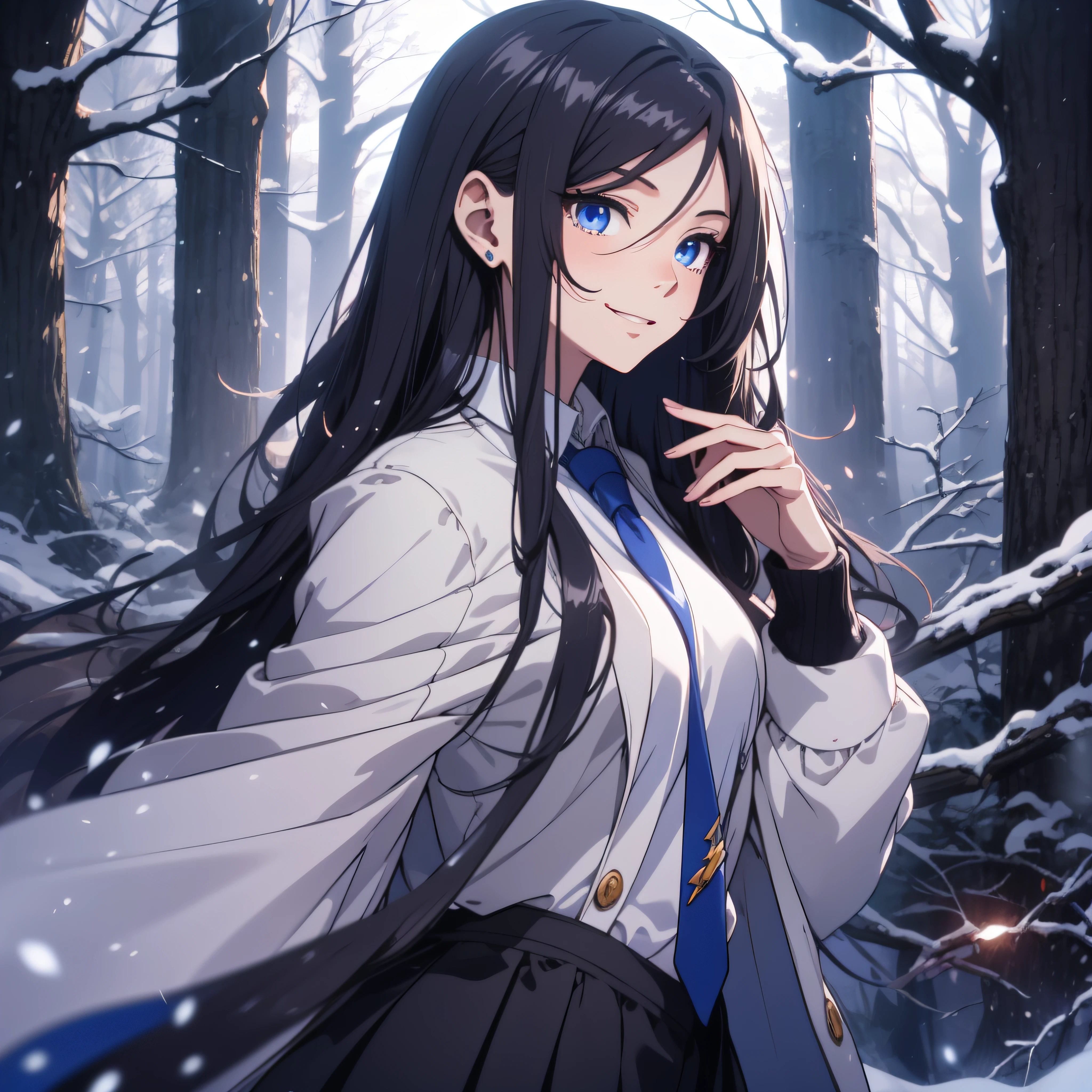 (ultra-detailed, perfect pixel, highrest, best quality), 20 years old Anime girl, smooth anime artstyle, long raven hair, slightly wavy hair, parted bangs, black hair, gradient hair color, Magus, ((blue eyes)), detailed eyes, beautiful eyes, long black coat, white shirt, ((neckwear, long tie)), black skirt, aristocrat, noble attire, beautiful, ethereal, elegant, prestigious, dark forest background, particle effect, smooth smoke effect, snow, lightning, magic light, standing, looking at viewer, smile