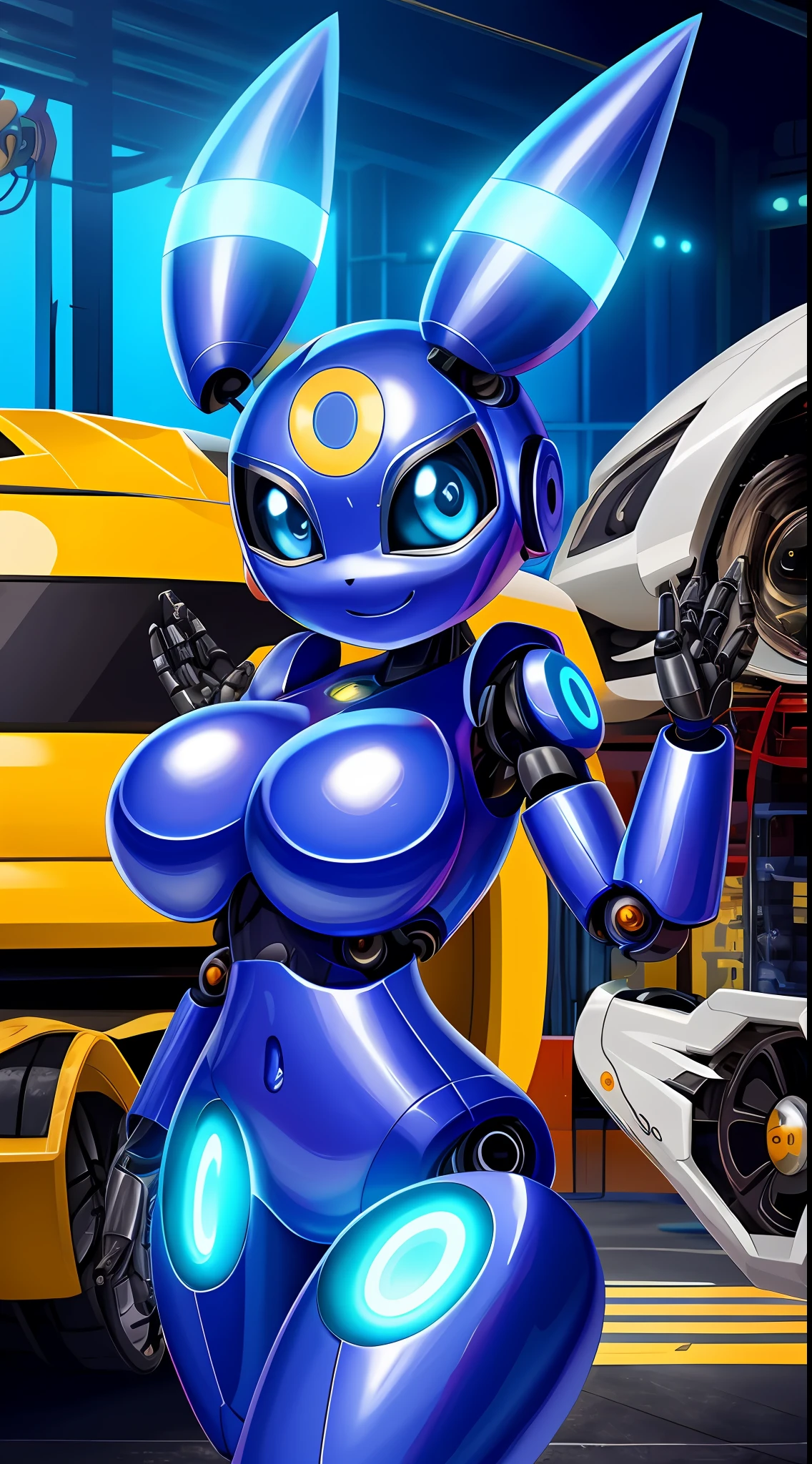 Umbreon [pokemon], best quality masterpiece, future art style, sexy, buttocks, horizontal pupils,feral,sonrisa,despistada,cheerful,giant boobs,mecanico,shiny skin,black eyes,blue pupil,mechanic,robot,vagina,black sclera,cute pose,shiny skin, metallic skin,robot face,