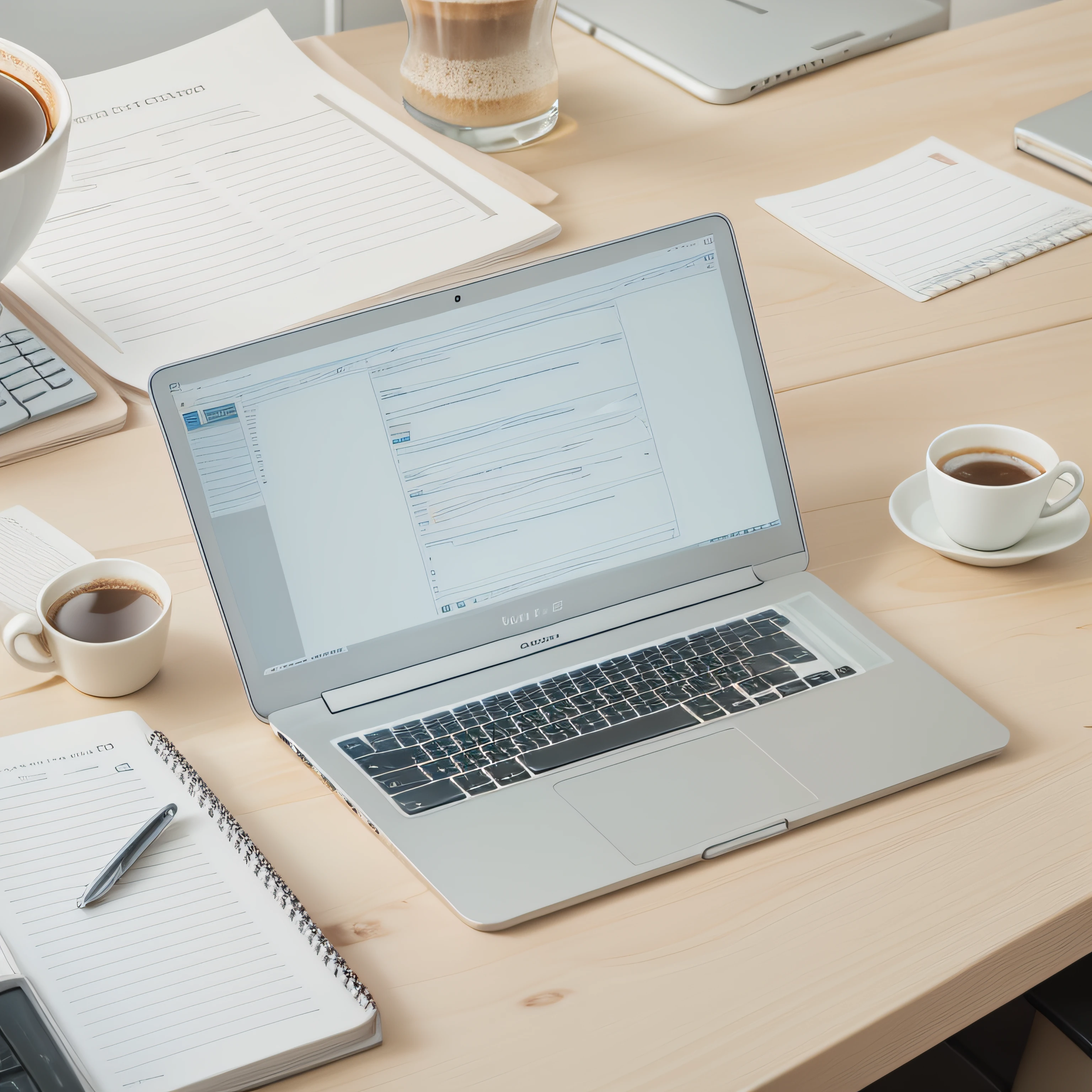 On the white wood grain table sits a laptop,A coffee, notebooks,Office desktop,Data reports