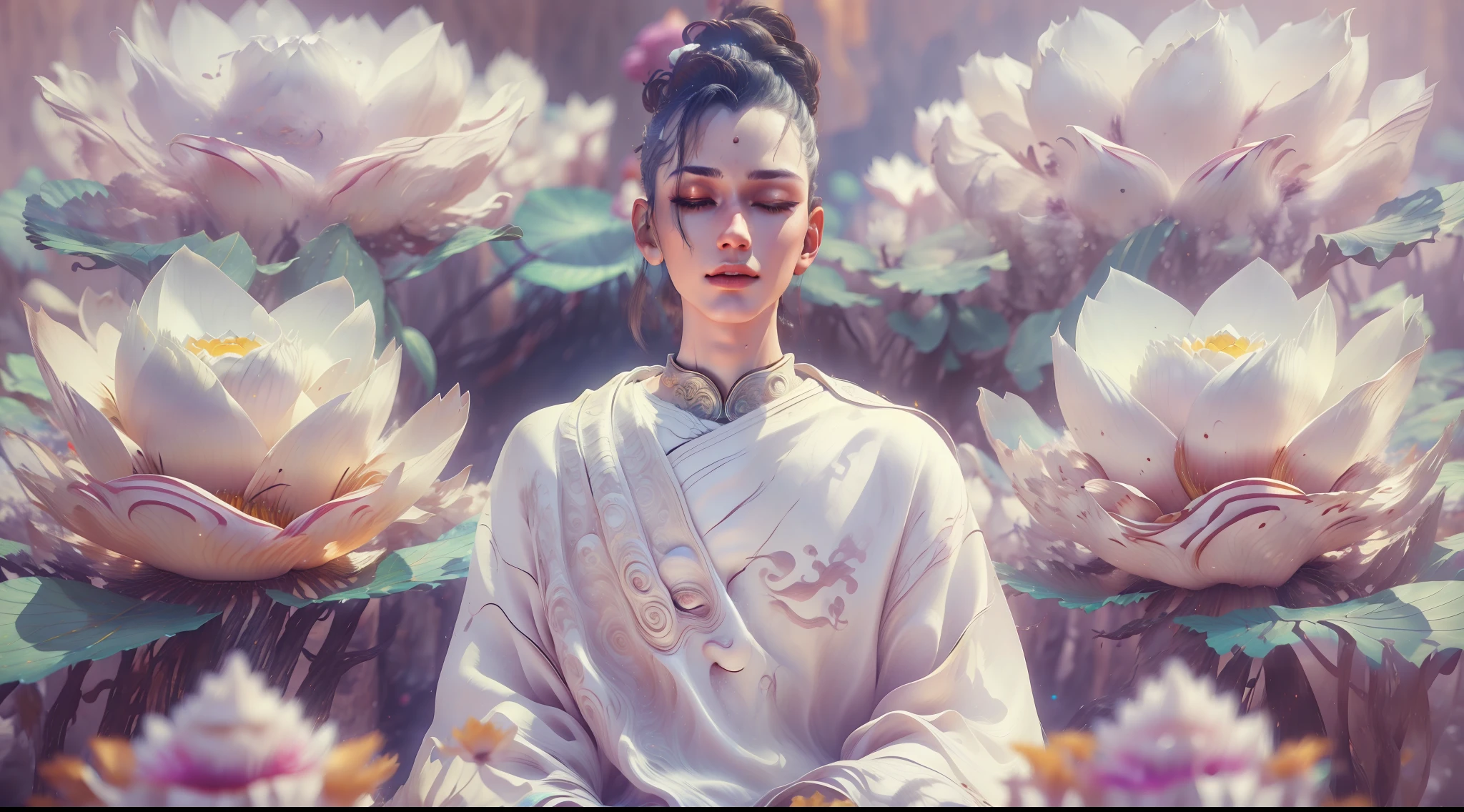 Handsome guy in a white shirt，White giant lotus，Sit and meditate in a lotus pose，Look at the audience with your eyes closed，raised head，Floating on the ground，cheerfulness，A slight smil，realisticlying，Bokeh，light particules，very highly detailed background，detailed face with，Detailed and complex busy background，Untidy，opulent，milkyW，Highly detailed hands，Realistic details of skin，Visible Pore，tack sharp focus，volume fog，8K  UHD，digital SLR camera，high qulity，filmgrain，White skin of the，photo-realism，lomo graphy，Huge metropolis in a dystopia of the future , look from down