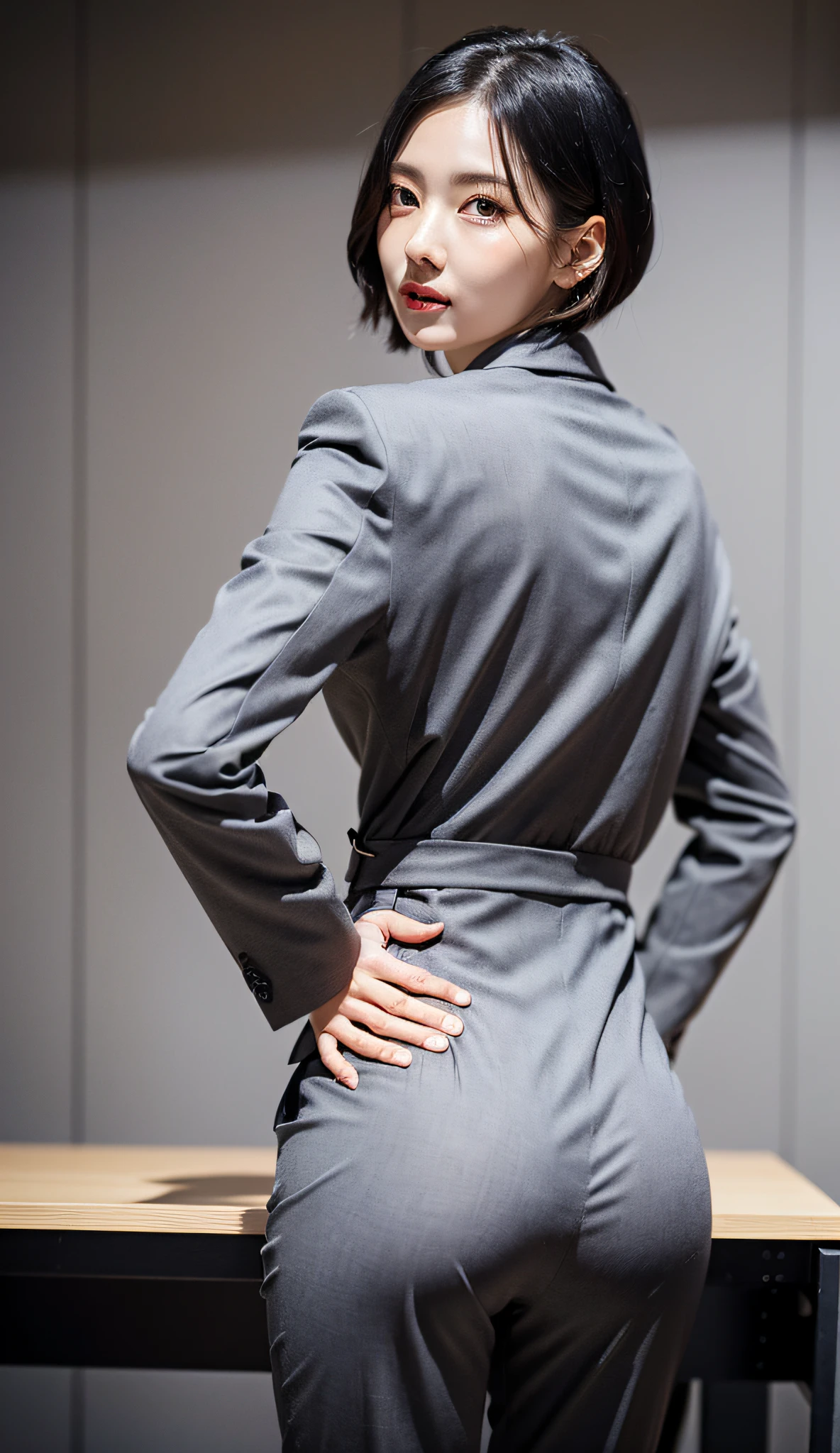 (Best quality, 8k, 32k, Masterpiece, UHD:1.2), 1girl, beautiy Japanese woman, narrow waist, grey suit, open jacket, office lady, suit, pants, from behind, office room, desk, (stick out one's buttocks:1.2), detailed face, short hair,
