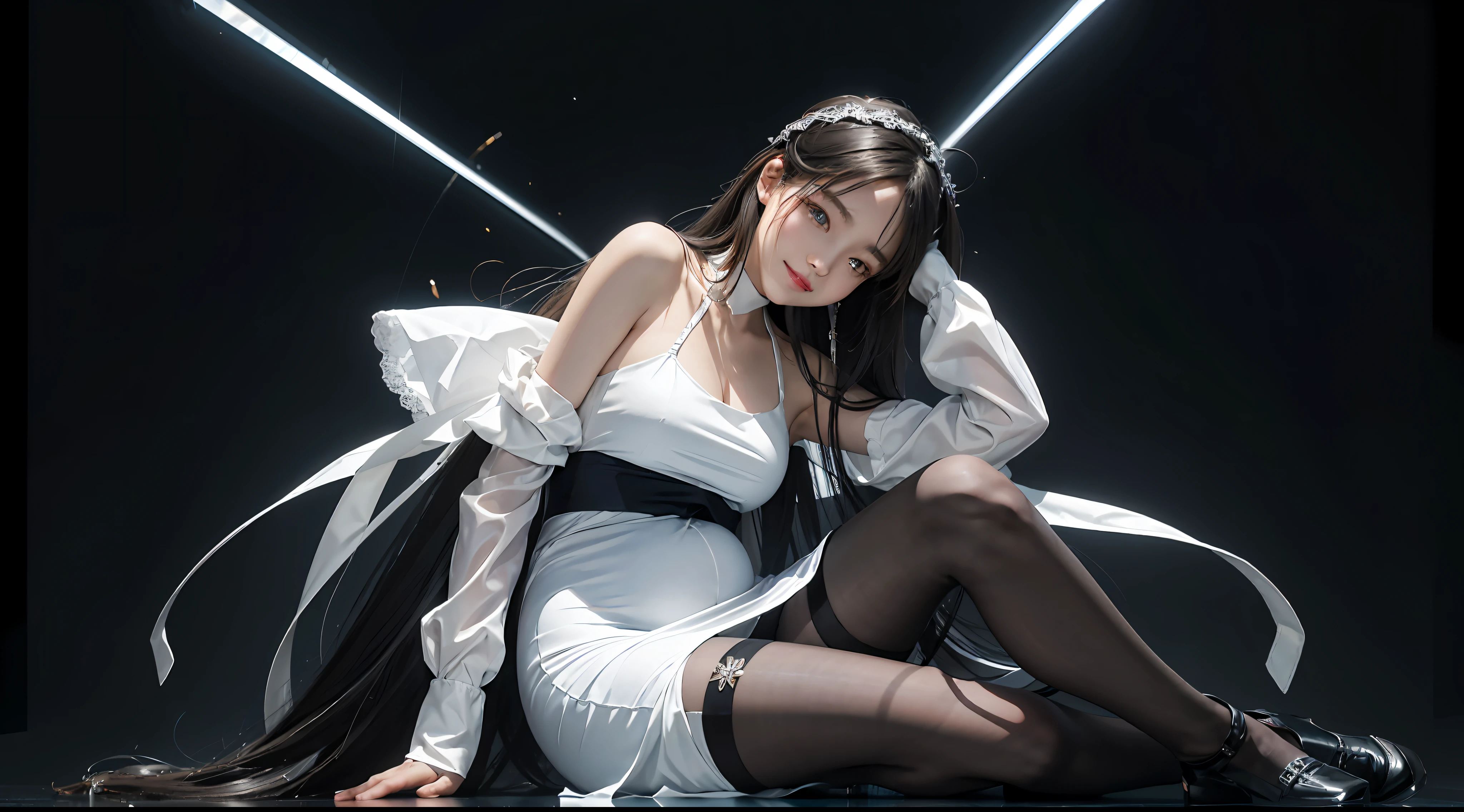 tmasterpiece, 1 beutiful girl, Detailed eyes, Swollen eyes, Best quality at best, 超A high resolution, (Realistis: 1.4), RAW photogr, cinmatic lighting, ssmile, jpn, a asian beauty, Korea, Ren, Super beautiful, Small young face, Beautiful skins, busty figure, cyber punk perssonage(hyper realisitc), (illustratio), (A high resolution), (8K), (The is very detailed), (Most Best Illustration), (ultra-detailliert), (the wallpaper), (详细的脸), audience looking, finely detailled, deep shading, low tune, pureerosfaceace_V1,happy grin, long whitr hair, 46-point diagonal bangs,(Pregnant abdomen:0.95),Pantyhose,full body shot shot,Wedding dress,Black long-sleeved gloves,