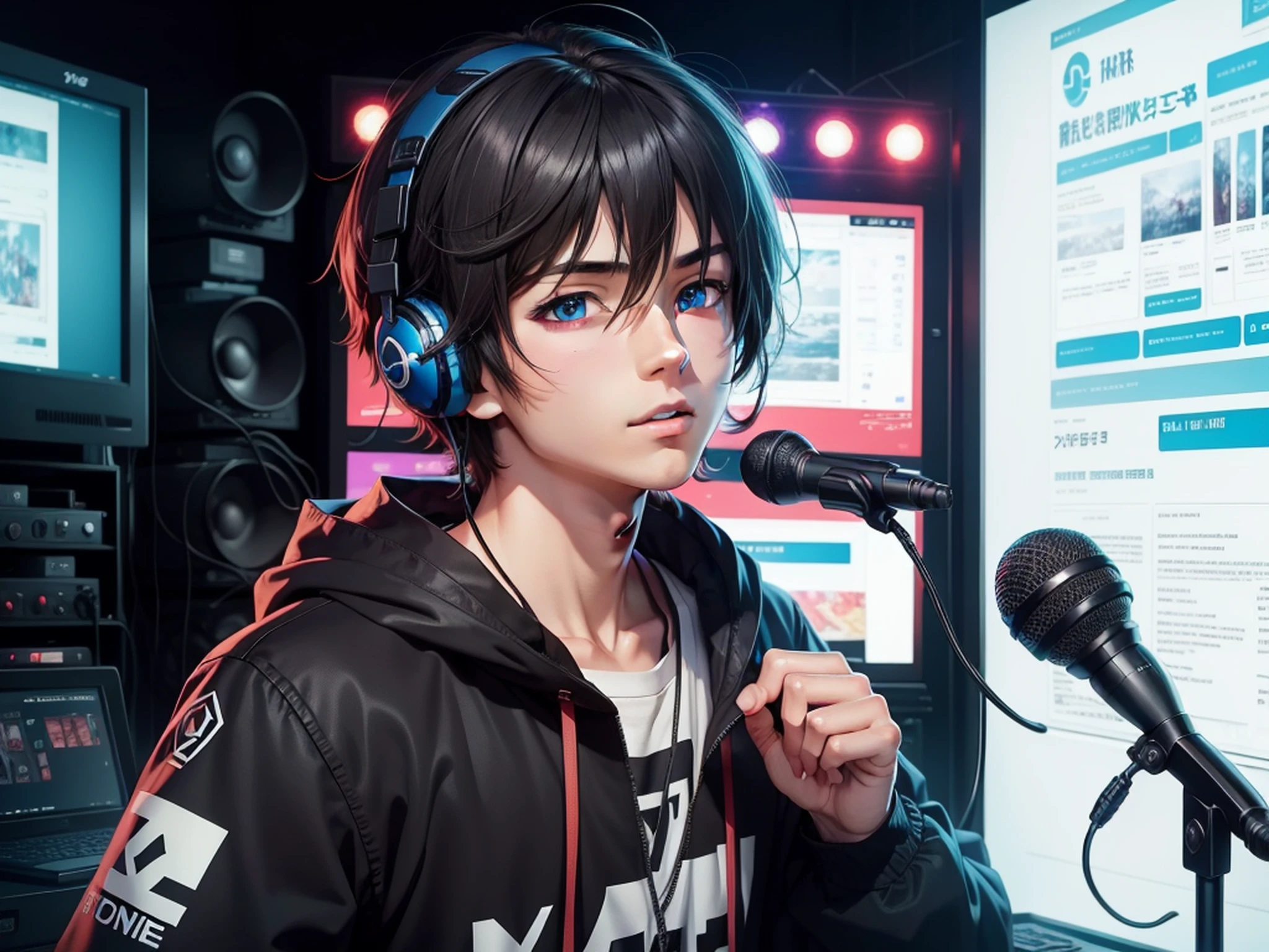 Third Person View,Inside the room, An anime blue-eyed boy wearing headphones speaks into a microphone,Lots of broadcasting equipment in the room,large screens,The screen has data,microphones,Three screens in front of the boy, an anime drawing by Yuumei, trending on pixiv, serial art, ig studios anime style, nightcore, High quality anime art style, style of anime4 K, Anime boy, young anime man,, Anime art style, Digital anime illustration