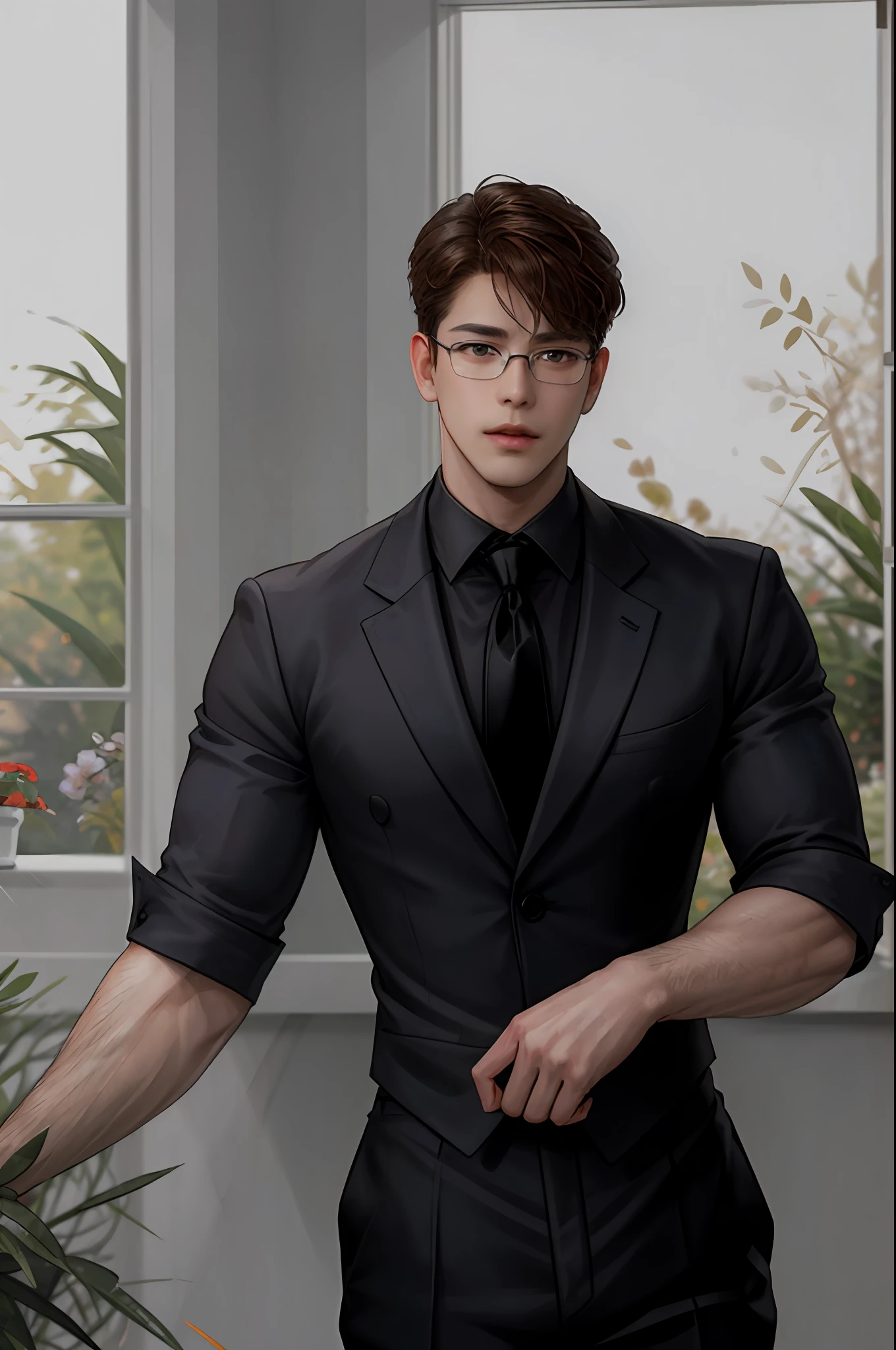 masterpiece, ONYX11, A 28-year-old mature male with strong muscles, Look at me, Line of sight focusing, Stand, Wearing a white short-sleeved shirt, Black tie, Breast flower, Brown hair, Indoor, Outside the window is the garden., Rimless glasses, textured skin, super detail, best quality, 8k