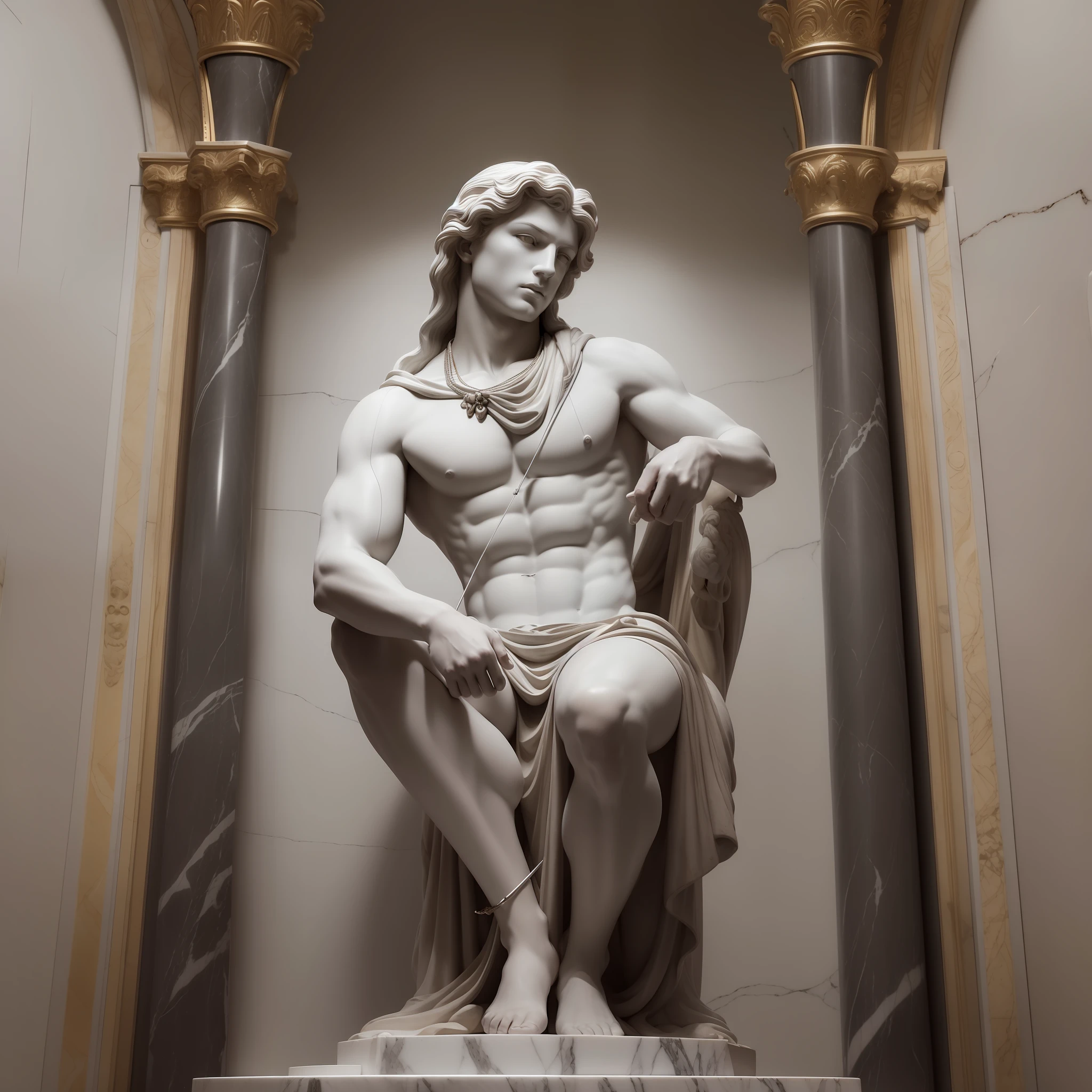 white Marble statue of male archer, well-proportioned long limbs, Faint stone veins, exquisite marble face details, solid black background, spotlights, high contrast, masterpiece, highest quality, best image quality, cinematic lighting, photoreal