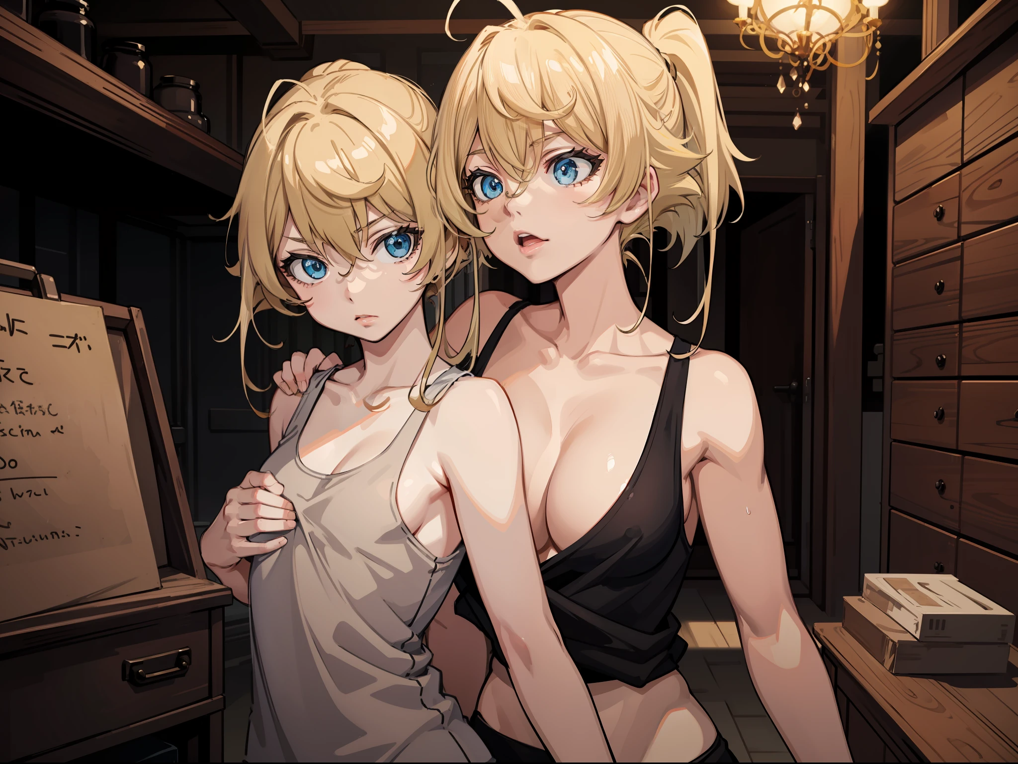 Tanya von degurechaff, Tank top, armpit, no pants, inside the barracks, lots of men, touching her breasts,masterpiece, Top quality, Ultra high definition, Maximum resolution, Very detailed, Clean skin, Anime