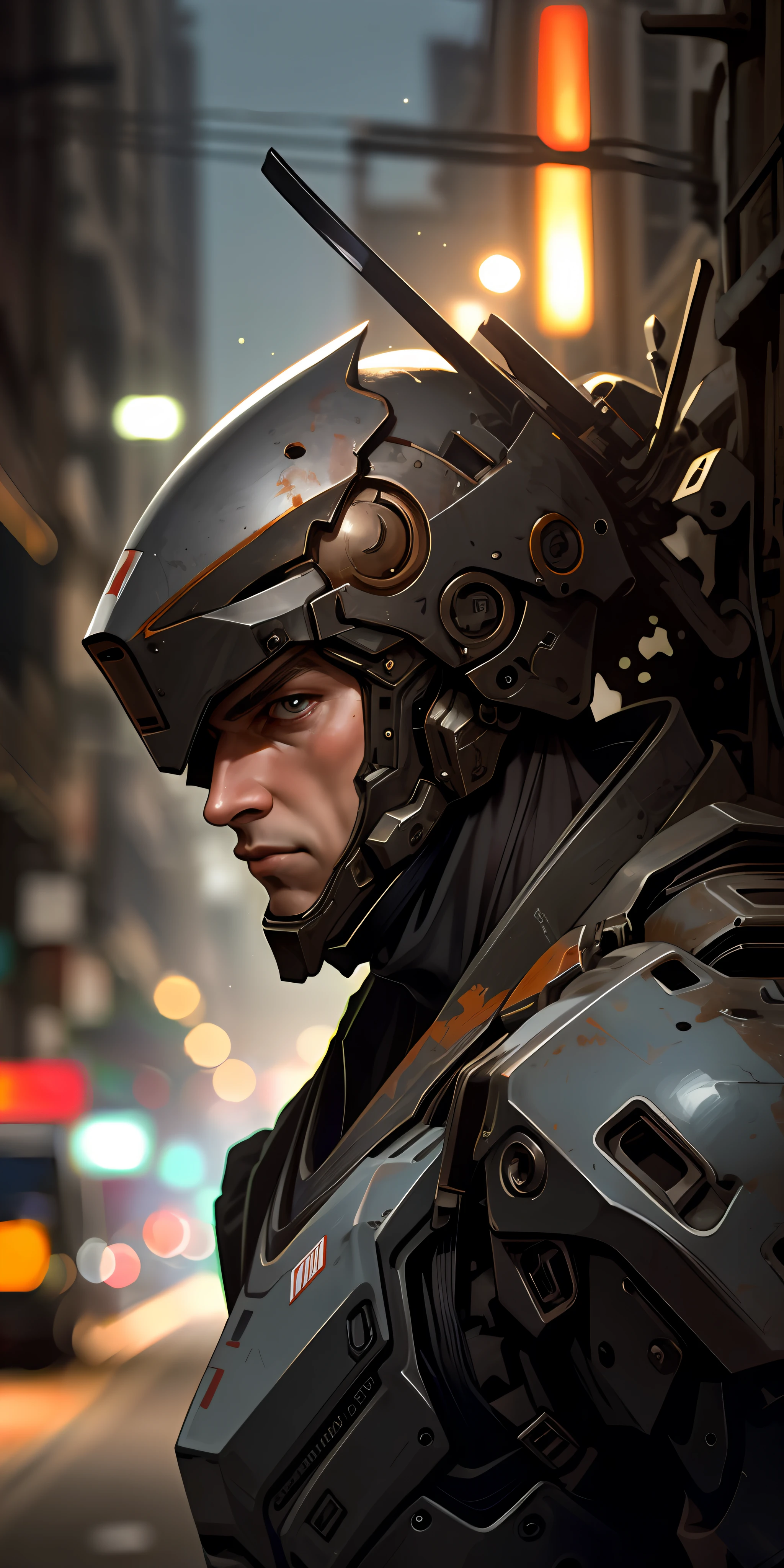 Portrait photo of an handsome male  ,perfect eyes ,  in a worn mecha exosuit,((light bokeh)), intricate, (steel metal [rust]), elegant, sharp focus, photo by greg rutkowski, soft lighting, vibrant colors, masterpiece, ((streets)), detailed face