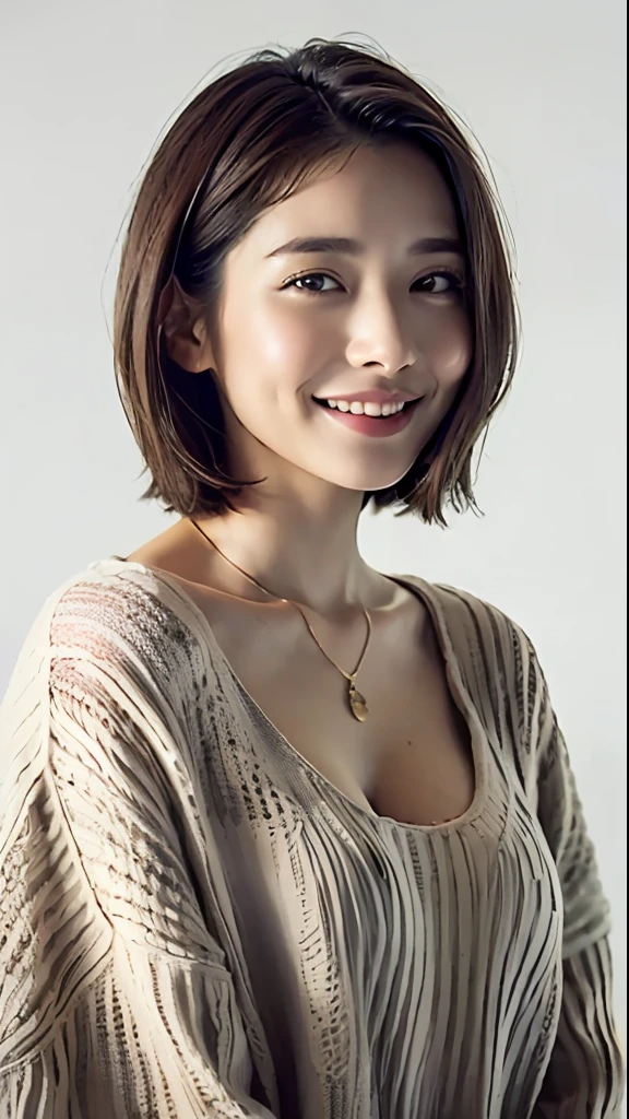 (Best quality, 8k, 32k, Masterpiece, UHD:1.3),Photo of Pretty Japanese woman, large , very short bob hair, upper body,(oversized_sweater:1.1) ,necklace, healthy skin, simple background, (looking down:1.3),smile, cleavagmiddle angle
