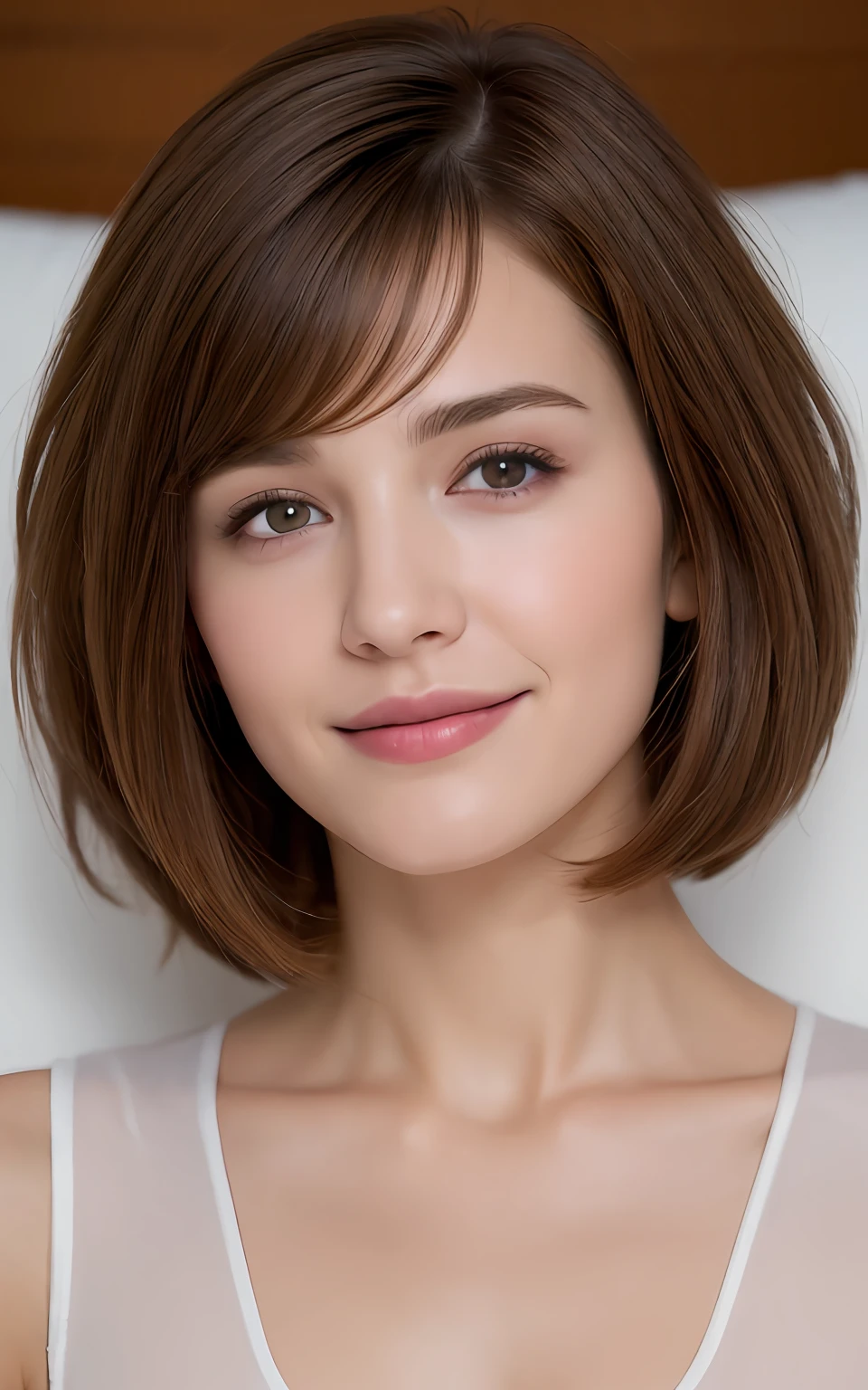 ((Top Quality, 8k, Masterpiece: 1.3)), 1 girl, Czech, Caucasian, Beautiful woman with slender abs: 1.3, (Highlight haircut, Breast A-cup: 1.2), Black see-through: 1.1, Ultra detailed face, detailed eyes, double eyelids, full body Underwear On bed, smile, brown hair
