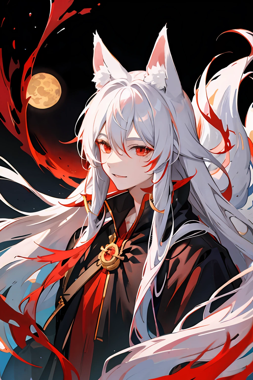 1 guy with long white hair, red eyes, fox ears and 9 tails, gentle smile