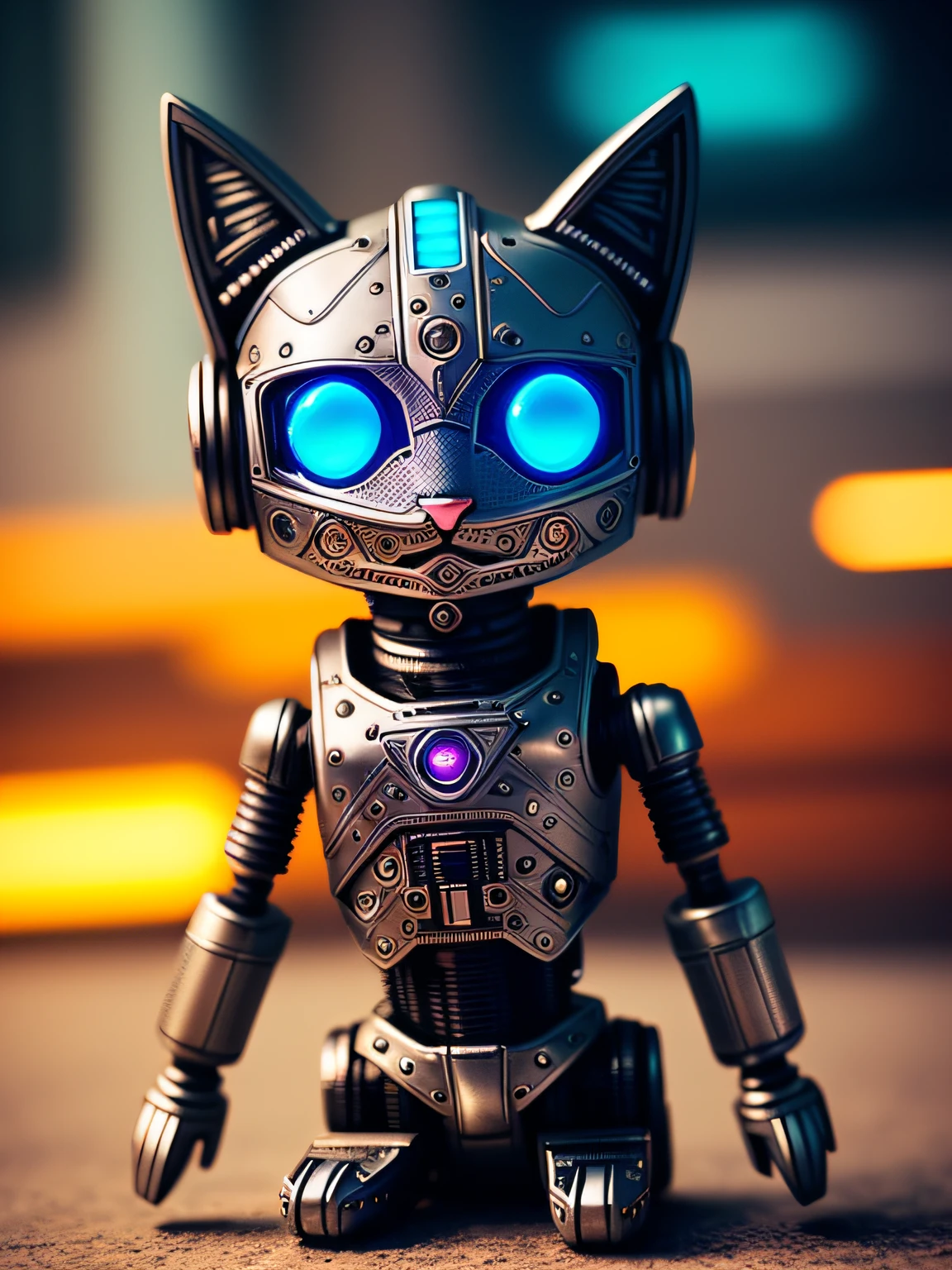 A cute kitten made of metal, robot, cyberpunk style, ((intricate details)), hdr, ((intricate details, super detailed)), cinematic footage, vignette