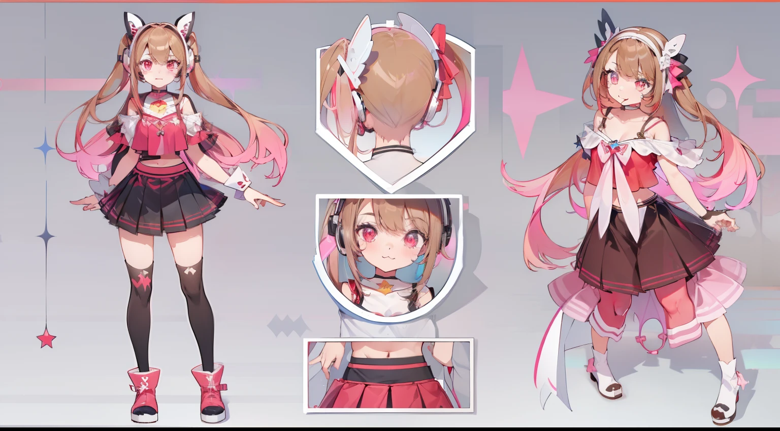 ((Masterpiece, highest quality)), character sheet, vtuber-fullbody, full body, detailed face, full of details, highly detailed, depth, 1girl, girl in a skirt and headphones, :3, long hair, bangs, multicolored hair, two-tone hair, gradient hair, [[brown hair]], brown hair with pink tips, [[[[[[pink hair]]]]]], black crop top, red skirt, pleated skirt, stockings, leg warmers, black choker, red eyes, star (symbol), star-shaped pupils