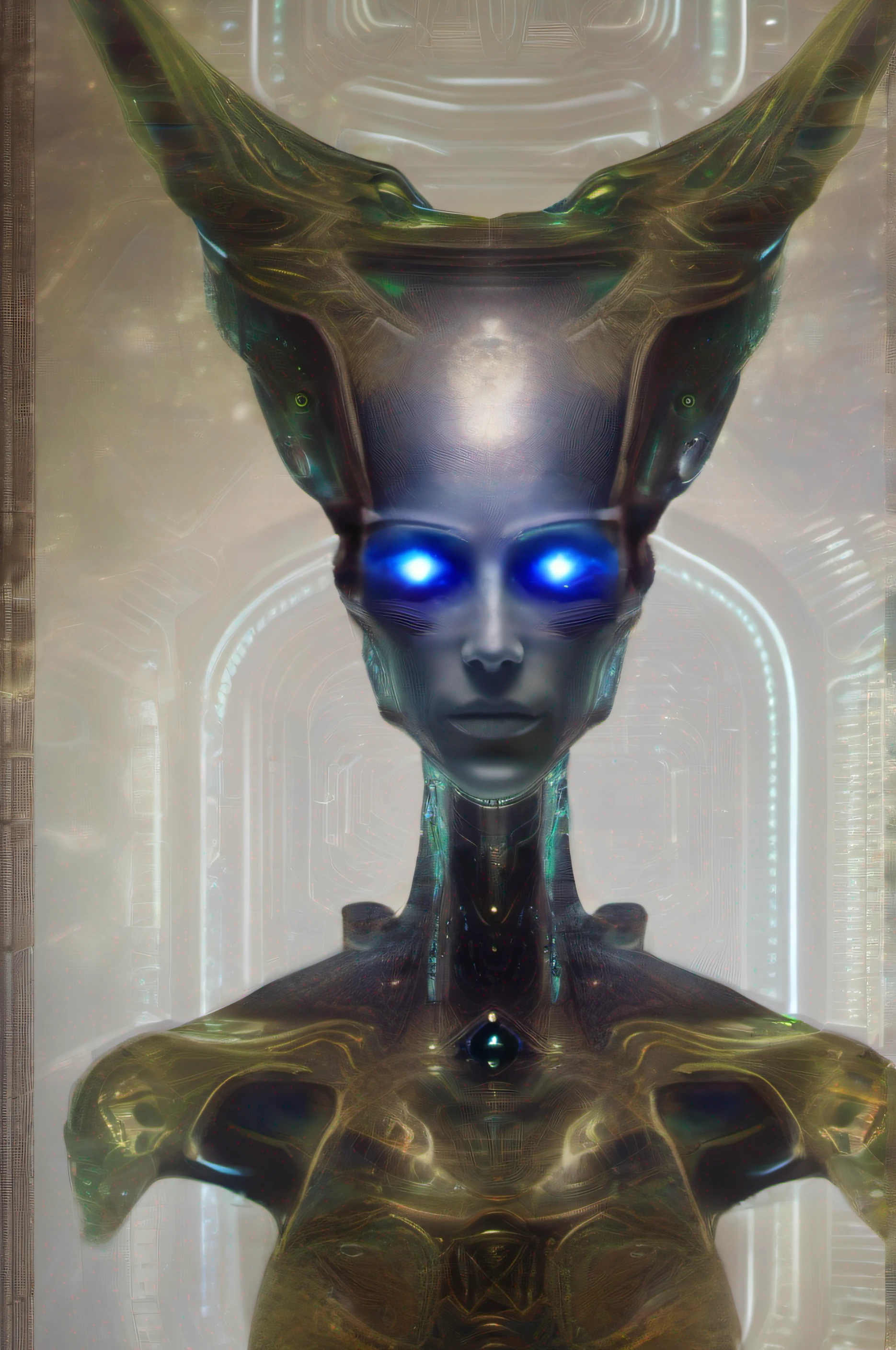 Ghostly portrait of a futuristic alien from another dimension creator of the universe with powerful ancient magic from an unknown dimension