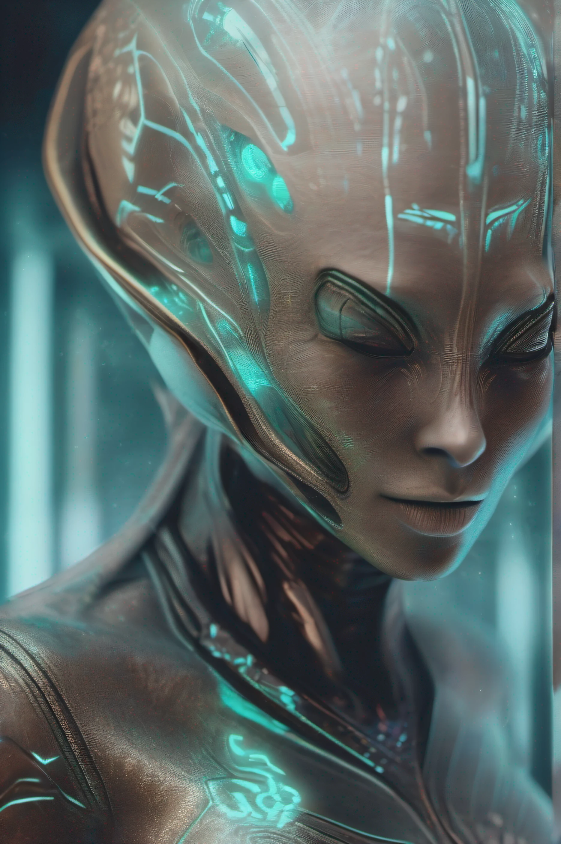 Ghostly portrait of a futuristic alien from another dimension creator of the universe with powerful ancient magic from an unknown dimension