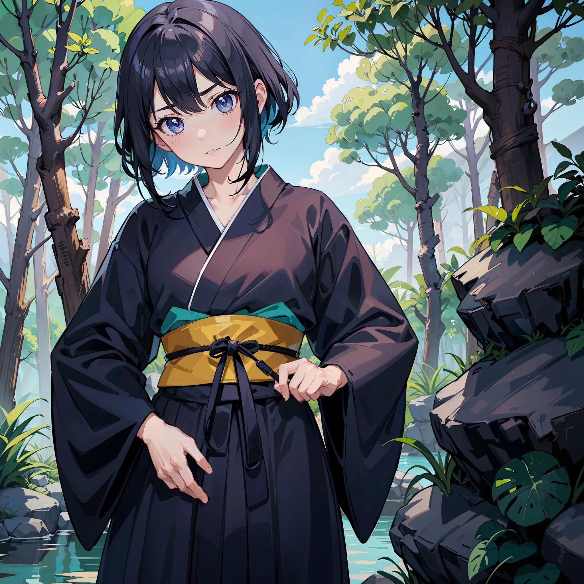 cowboy shot、Portrait of an amazingly beautiful girl、Kunoichi、ninjartist、Light blue short hair、Beautiful forehead、sharp eyebrows、Big eyes、Dark eyelashes、tense look、Hakama、Slender body、Less exposure、(Delicate details:1.25)、(独奏:1.3)、(Mysterious forest background)、(Professional Shadow)、(Top resolution)