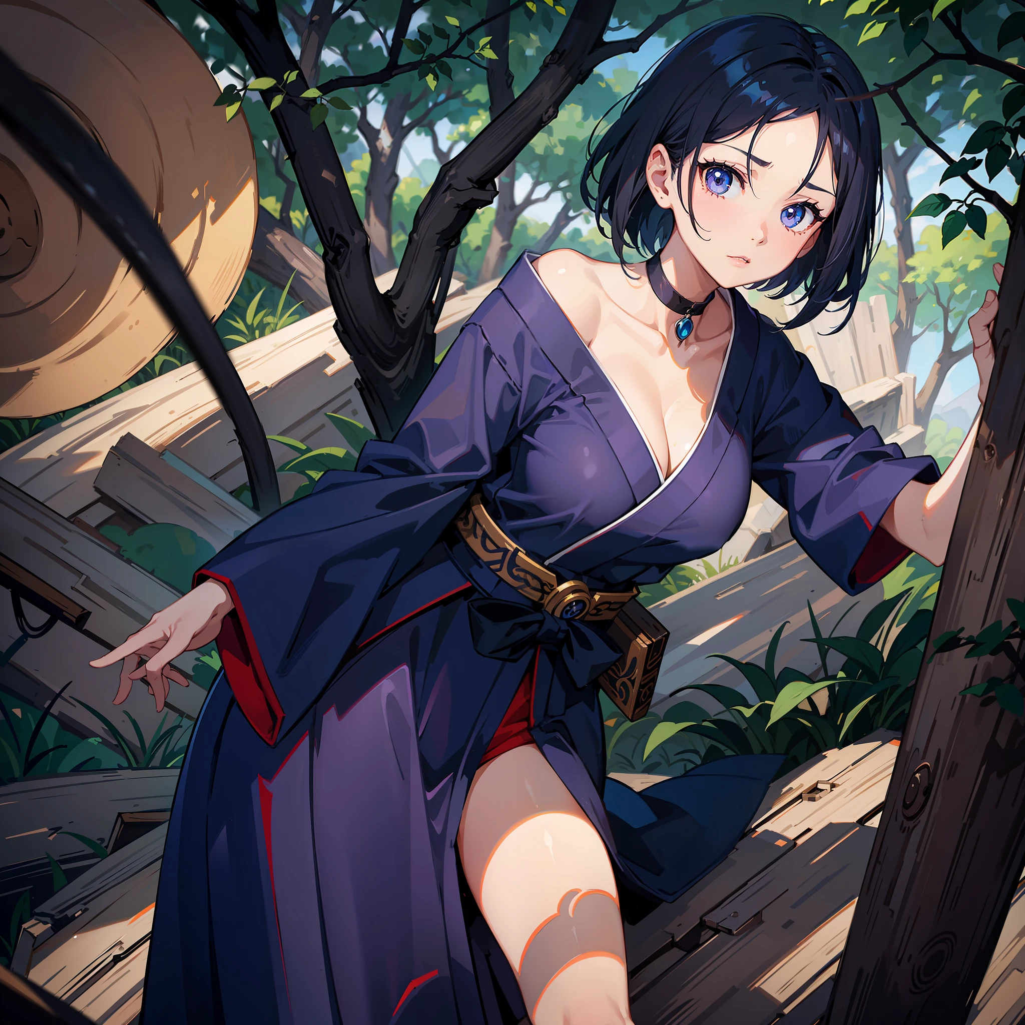 cowboy  shot、Portrait of an amazingly beautiful girl、Kunoichi、ninjartist、Light blue short hair、Beautiful forehead、sharp eyebrows、Big eyes、Dark eyelashes、tense look、Hakama、Slender body、Less exposure、（Delicate details:1.25）、（独奏:1.3）、（Mysterious forest background）、（Professional Shadow）、（Top resolution）