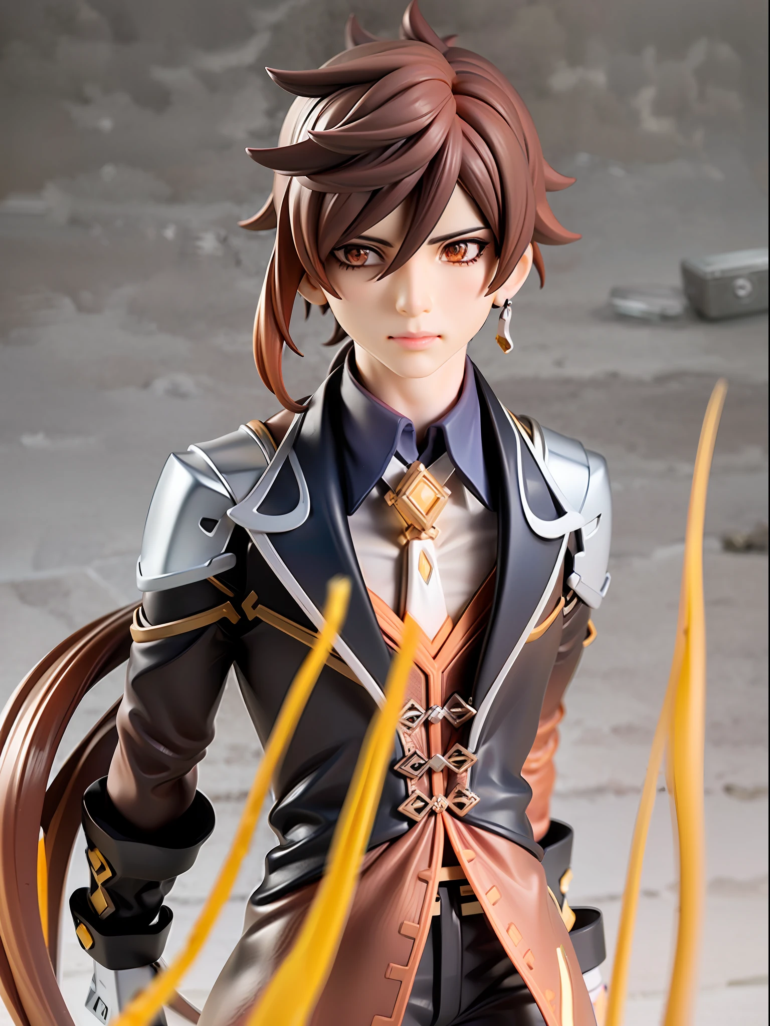 (Blind box toy style:1.3), (Full body shot) , 1 masterpiece, Best quality, ((anatomy correct,1 boy solo)),((zhongli:1.2)) (genshin impact), Brown hair, single earring, mitts, Black gloves, jewelry, Tassel earrings, pony tails, hair between eye, Jacket, Long sleeves, Yellow eyes, shirt, tiese, Collared shirt, formal, suit, Closed mouth, dreamy glow, Clean, Clean background(circular base) ( Global illumination, Ray traching, hdr, unreal render,reasonable design, high detal, Masterpiece, Best quality, hyper HD, Cinematic lighting)