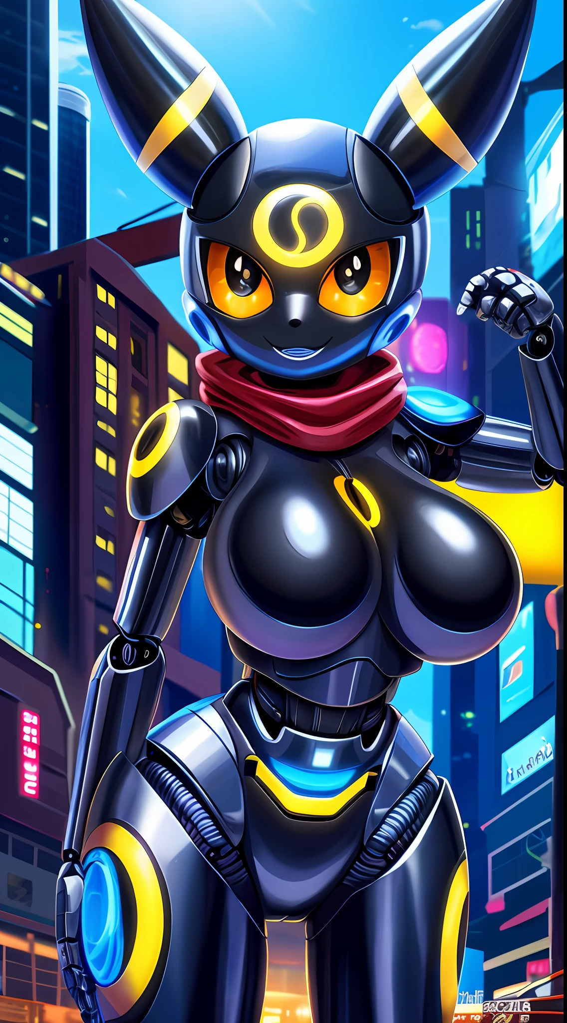 Umbreon [pokemon], best quality masterpiece, future art style, sexy, buttocks, horizontal pupils,feral,sonrisa,despistada,cheerful,giant boobs,mecanico,shiny skin,black eyes,mechanic,robot,vagina,black sclera,cute pose,shiny skin, metallic skin,robot face,city background,