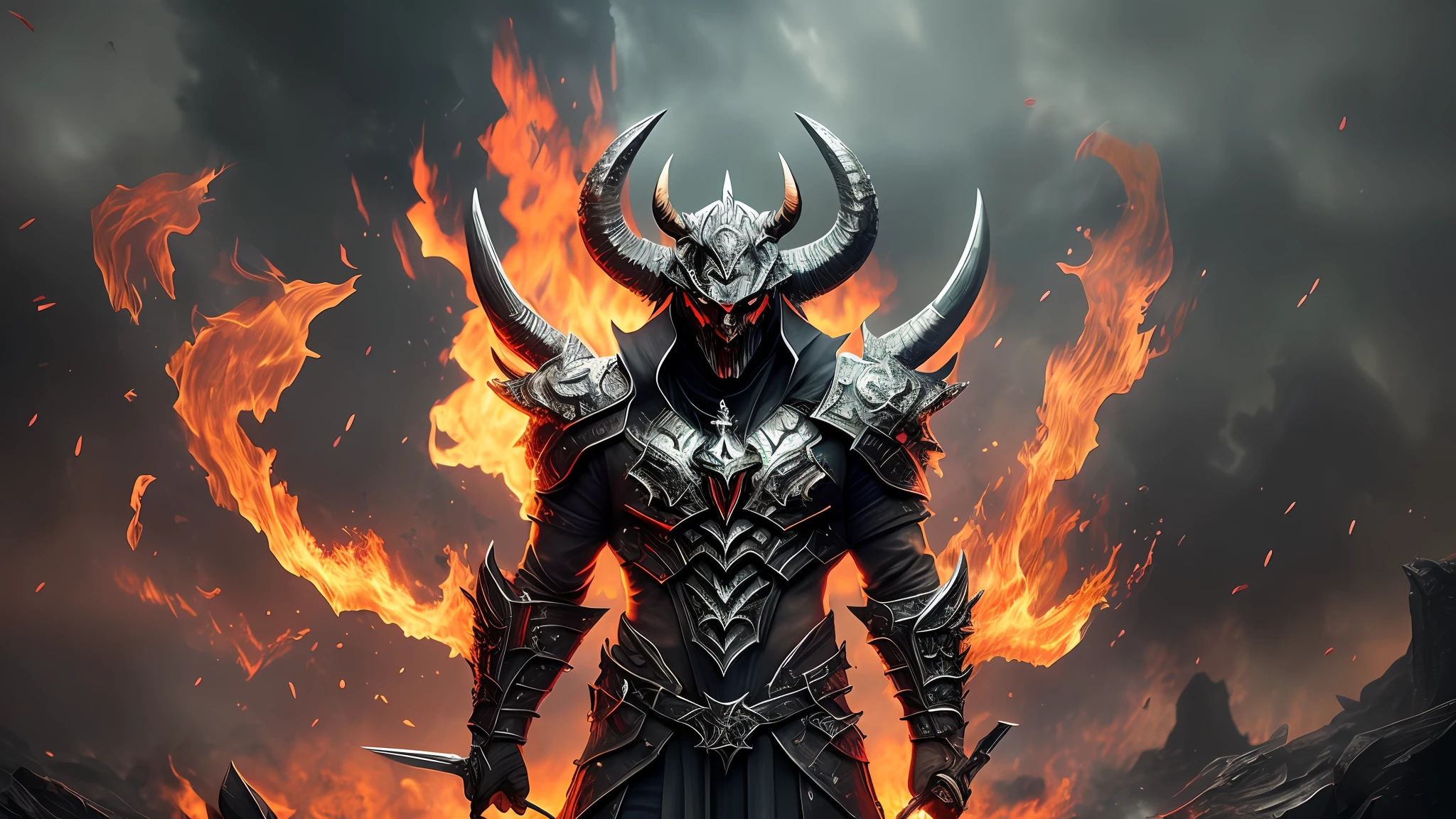 ((Best quality)), ((masterpiece)), (highly detailed:1.3), 3D, demon with horns and armor, portrait, fire, hell, dark, sinister, weapons, fog, smoke,HDR (High Dynamic Range),Ray Tracing, Super-Resolution --auto --s2