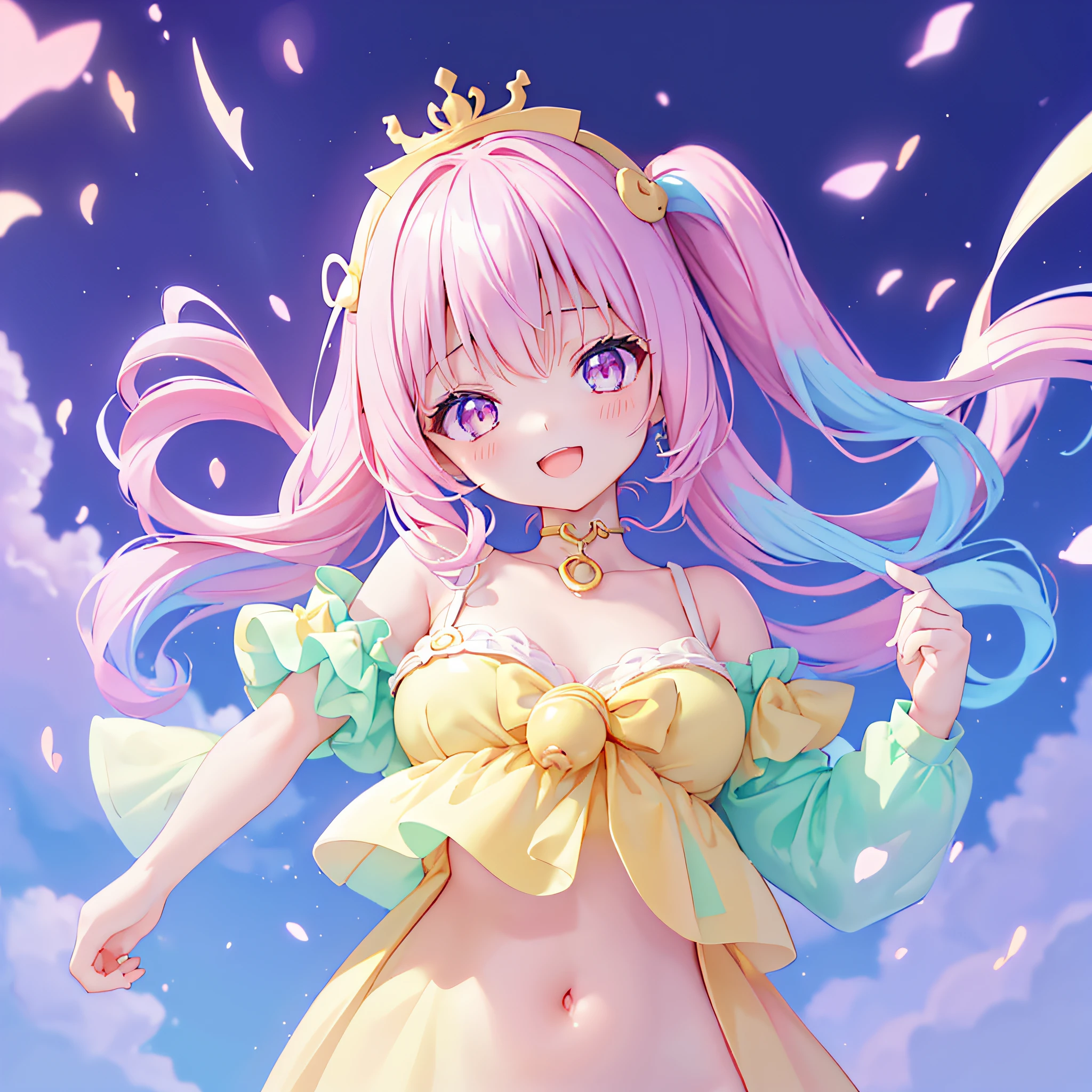 ((NSFW:1.1),masutepiece, (1girl in),Feeling as young as 3 years old、poneyTail、 Idol,Looks fun with a big smile, ((upper body closeup)), Big eyes, It seems that the eyes are shining、Kawaii Tech, kawaii, Cute, Pastel colors,Hair color is pastel、 (Best Quality), Happy,Deep background of Makoto Shinkai style, Symmetrical, Head Tilted,The composition should exude sensuality and innocence、An ultra-high picture quality、Dynamic Angle、Eyes are shining、Do not show teeth