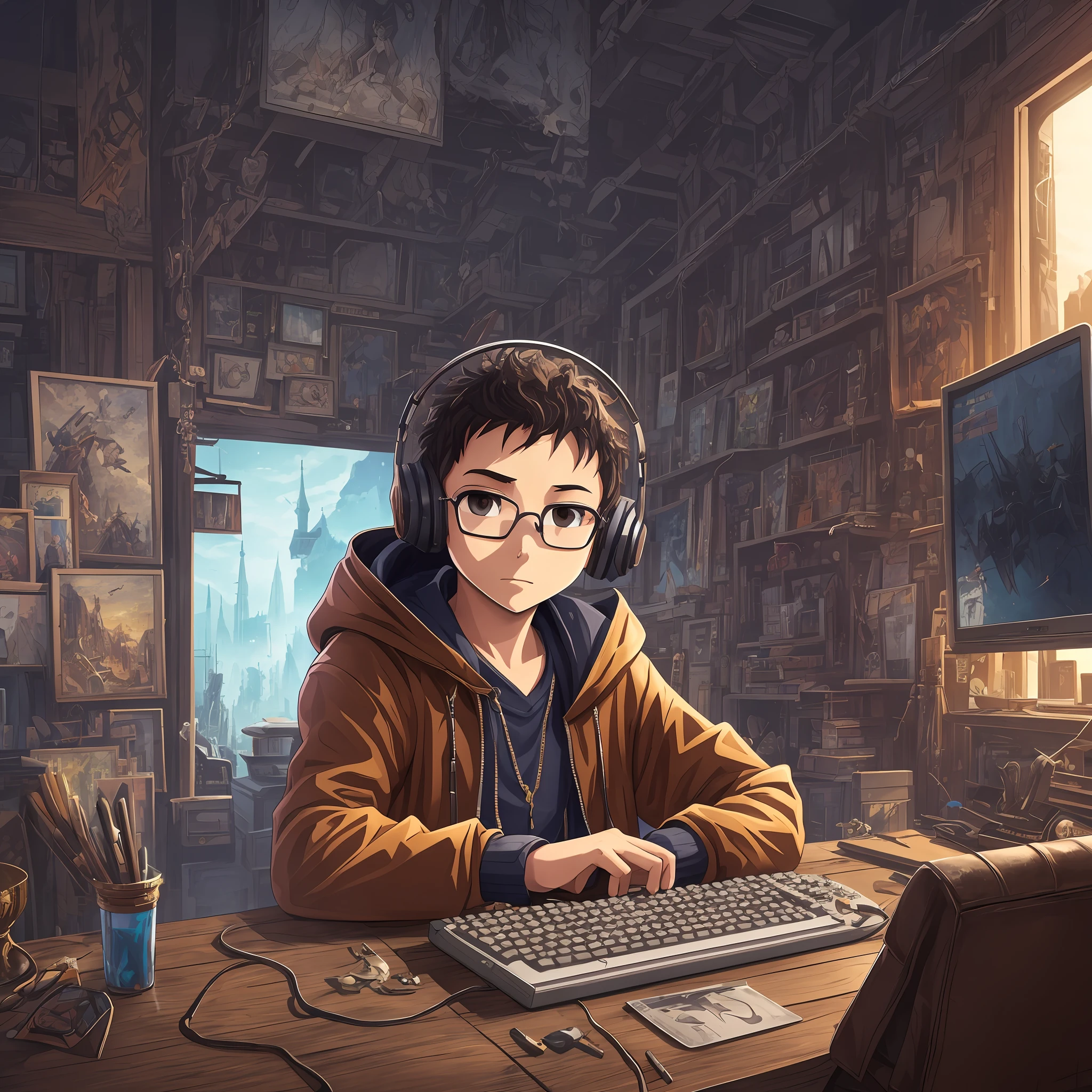 masterpiece, best illustration, solo, 1 boy 11 years old african light brown skin brown eyes with glasses sitting, very short curly hair, keyboard \(computer\), leather trim, computer, monitor, hood, jacket, hood down, chair, headphones, city, instrument, cyberpunk, \(\(intricate details\)\),colorful details,iridescent colors BREAK,\(\(best quality masterpiece\)\),4k,ultra detailed,detailed lighting,\ (\(inspired by Hayao Miyazaki\)\),official art,promotional art,composition,