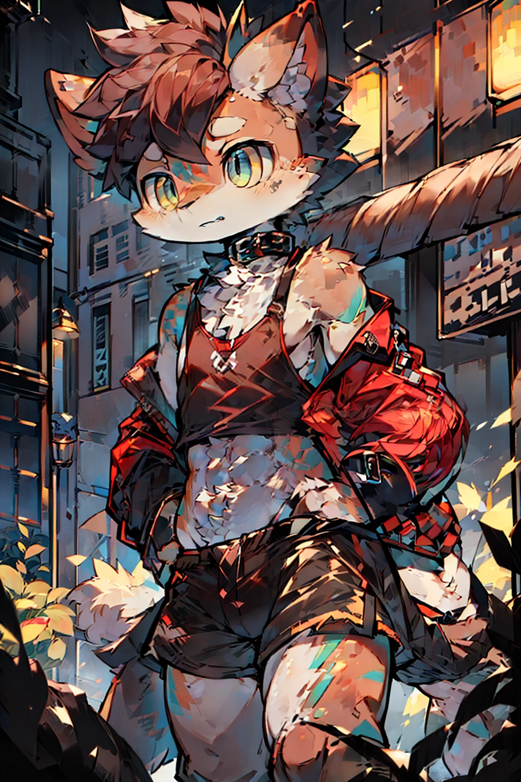 ((Medium-breasted, Tomboyish, Small Head)), (Chiseled Abs: 1.1), (Perfect Body: 1.1), (Short Wavy Hair: 1.2), Reddish Brown Hair, Collar, Chain, Full Body Shot, Crowded Street, Black Tank Top, Jeans Jacket, (((Shorts)), (Highly Detailed CG 8k Wallpaper), (Very Delicate and Beautiful), (Masterpiece), (Best Quality :1.0), (Ultra High Definition: 1.0), Beautiful Lighting, Perfect Lightning, Realistic Shadows, [High Definition], Detailed Skin, Ultra Detailed, (((Colorful)))