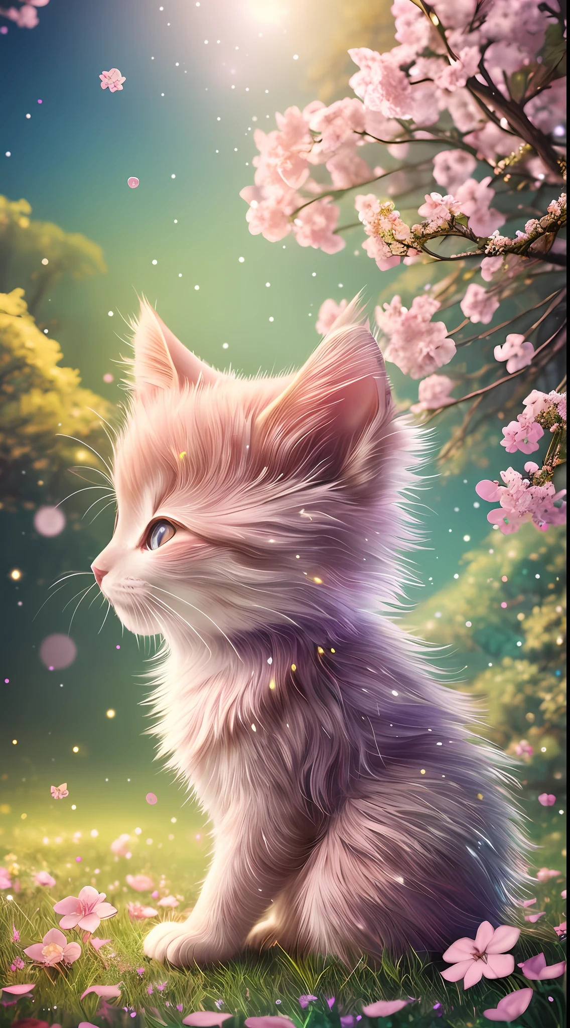 side view, oversaturate, colorfully, Fairytale, dreamlike, Cinematic character render, oil painting, 3D, 8k resolution, sequins, glitter, sakura forest, moonlight, Close up Portrait adorable chibi kawaii anthropomorphic kitten king, Detailed eyes, large round reflective eyes,