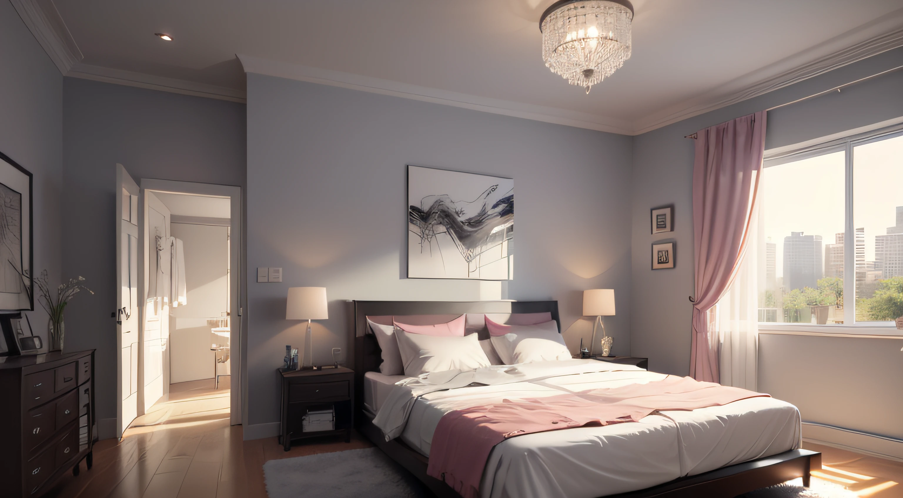 ((best qualtiy, 8k, tmasterpiece:1.3)), a drawing of a bedroom with a bed, Chairs and windows, inside bedroom,Pink big breasts, Modern style, Bed room, building rendering, Bedroom interior, sketch illustratio, Sketch - up, clean linework, conceptual drawing, detailed renderings, room interior, Interior design, stylized linework, flat linework, lineworks