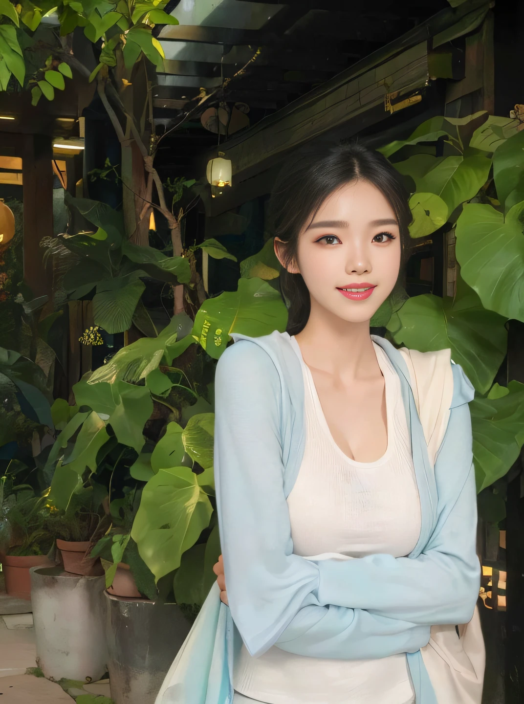 (8k, RAW photo, best quality, masterpiece:1.2), (realistic, photo-realistic:1.4), ultra-detailed, (Kpop idol),perfect detail , looking at viewer,make up, Jessica Marie Alba,
huge breast, cleavage, smile, see through
, 21 years old,The Arad woman stood in front of a building,In the background is a plant, wenfei ye, xintong chen, Yun Ling, lulu chen, chengyou liu, Li Zixin, Gemma Chen, A young Asian woman, Lin Qifeng, Zhang Wanting, katherine lam, lei min, Lee Ji-eun, lee ji eun, mei-ling zhou