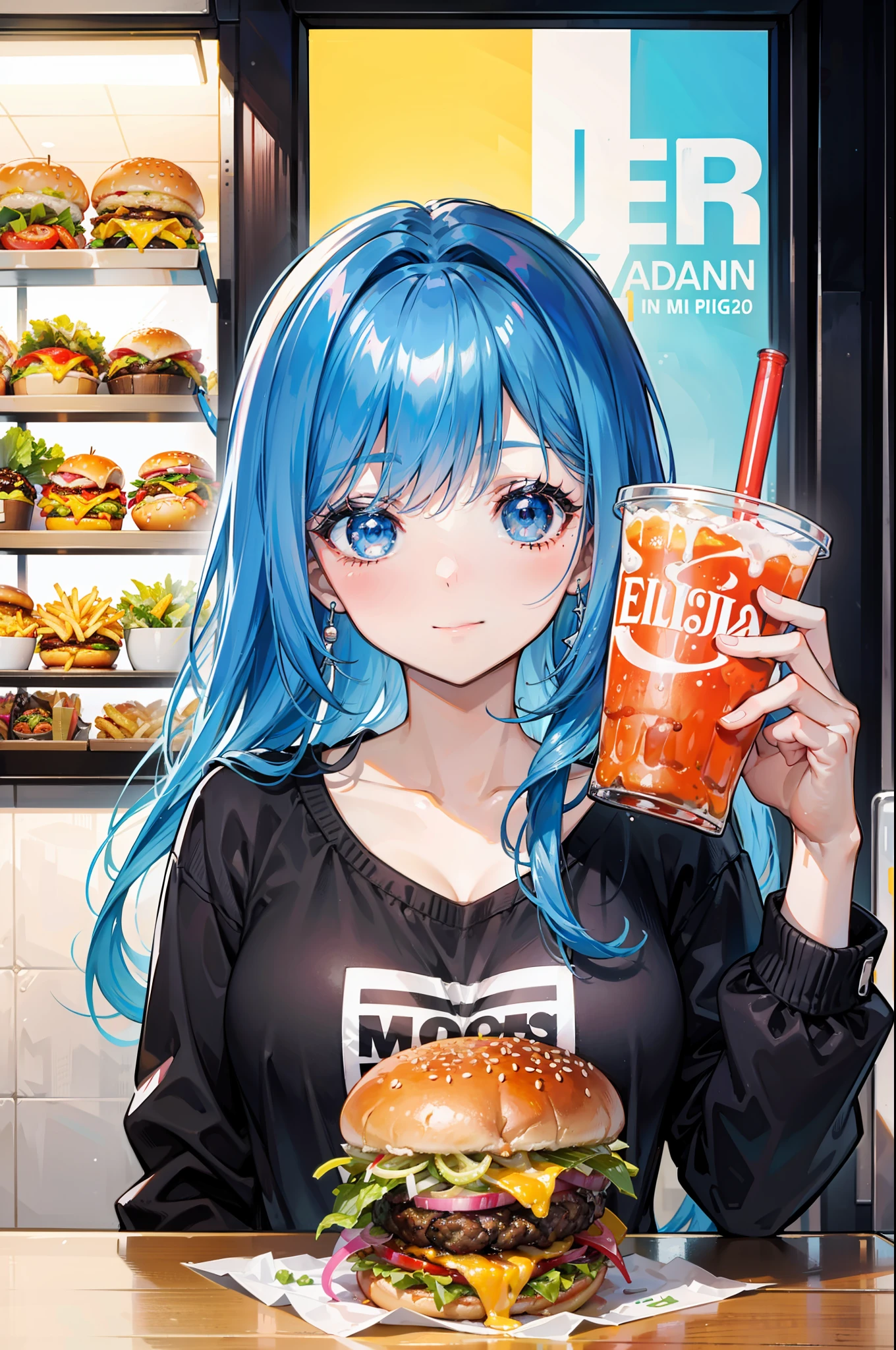 Un primer plano. A young woman in a burger joint is having a soda and some sentanda fries. Ella sonrie mientras dorbe con la pajita su refresco. Es muy hermosa, tiene el pelo largo y ondulando, viste ropa muy colorida y moderna.