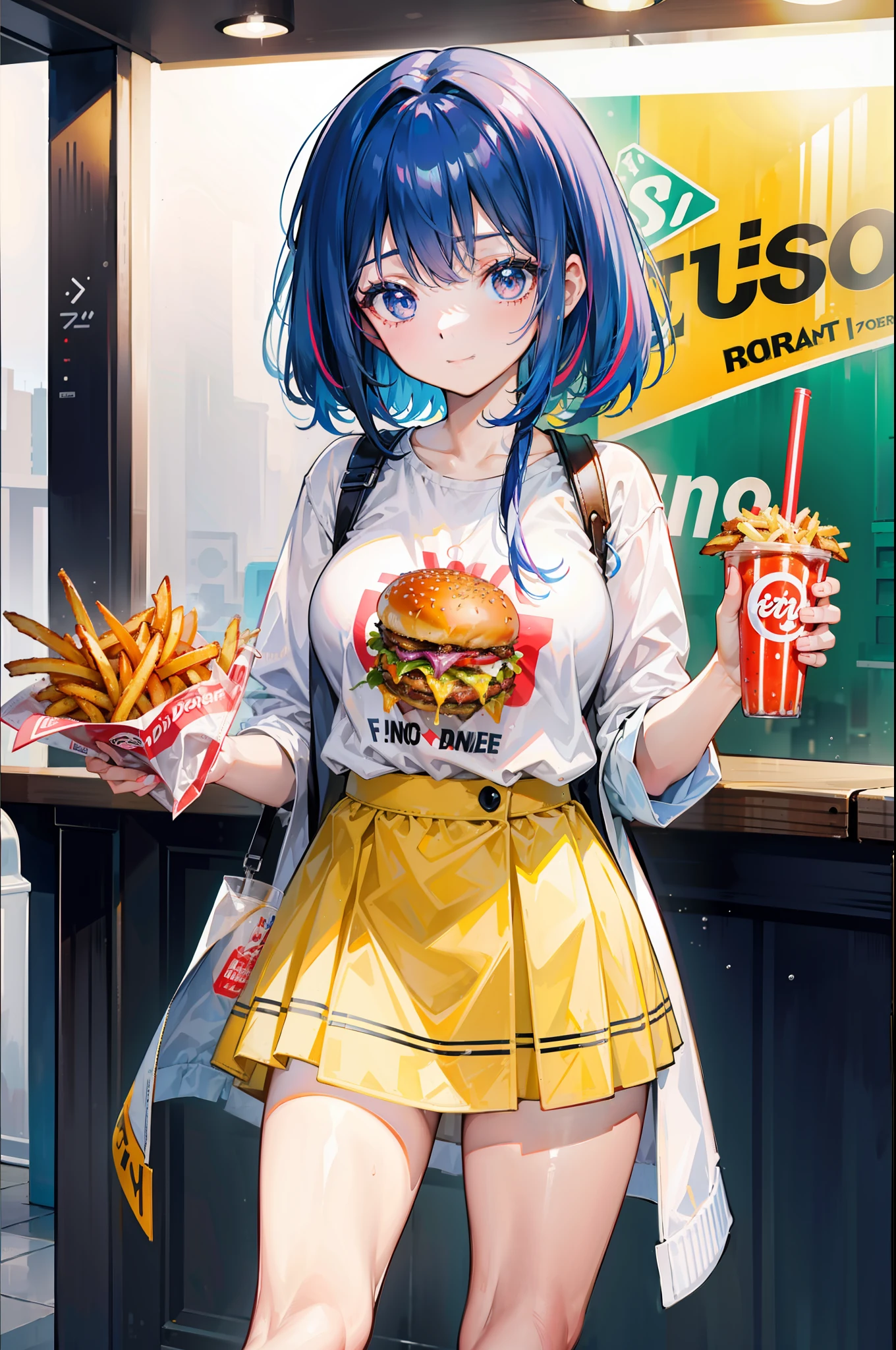 Un primer plano. A young woman in a burger joint is having a soda and some sentanda fries. Ella sonrie mientras dorbe con la pajita su refresco. Es muy hermosa, tiene el pelo largo y ondulando, viste ropa muy colorida y moderna.