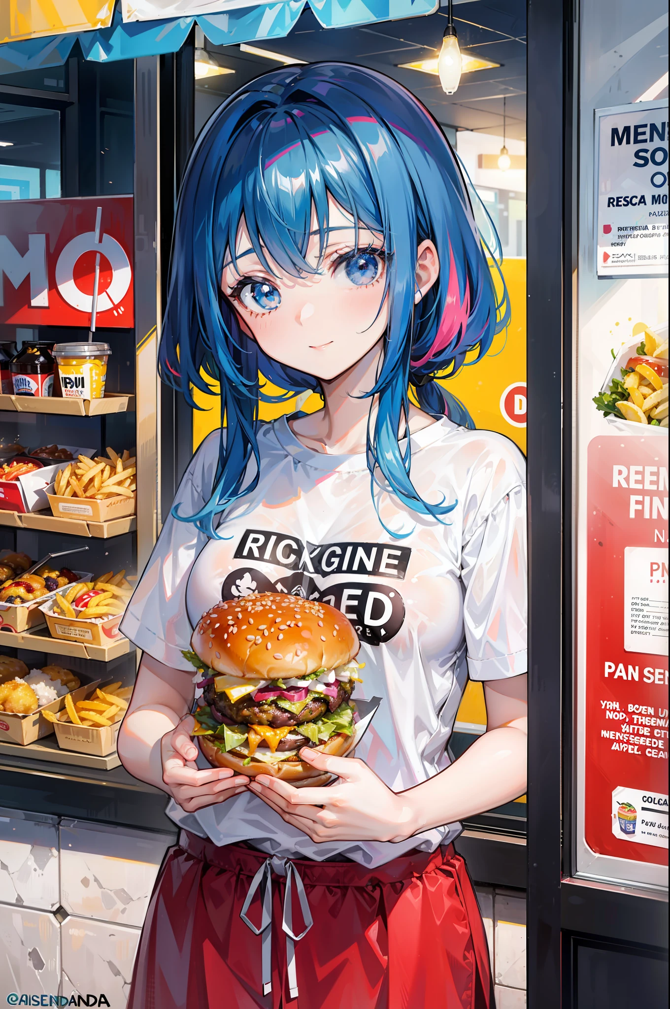 Un primer plano. A young woman in a burger joint is having a soda and some sentanda fries. Ella sonrie mientras dorbe con la pajita su refresco. Es muy hermosa, tiene el pelo largo y ondulando, viste ropa muy colorida y moderna.