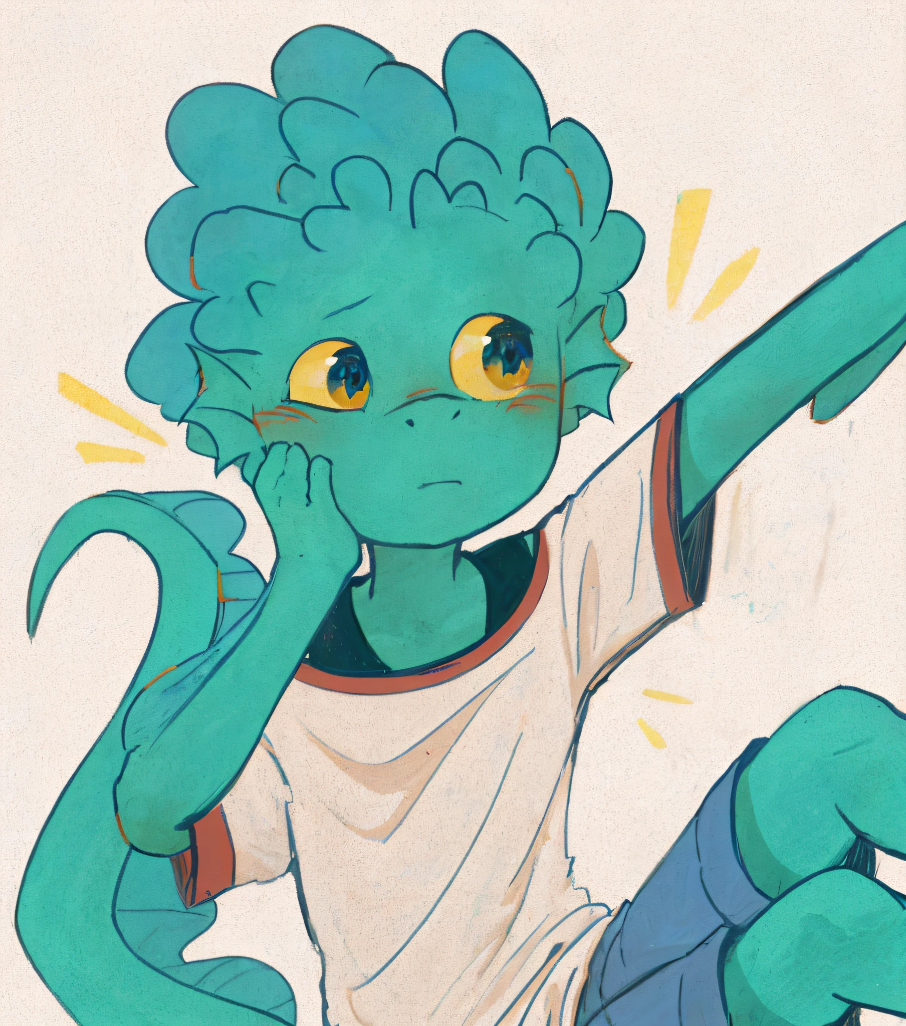 There is a cartoon of a blue-haired boy, anthro gecko, very sad medusa, anthro lizard, lizardfolk, ((Greenish-blue tones)), Detailed fanart, High-quality fanart, loish van baarle, 🪔 🎨;🌞🌄, loish |, Scaly!!!, an aesthetic!, There is broccoli hair, teal aesthetic