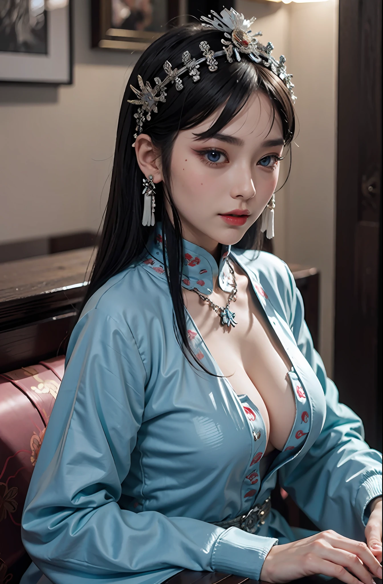 1girll,(Nordic supermodel),sface focus,(Peking Opera Half Noodles:1.2),(lucid blue eyes:1),(tmasterpiece,top-quality,best qualityer,offcial art,Beauty and aesthetics:1.2),up front view,facing to audience,(full bodyesbian:1.1),huge tit