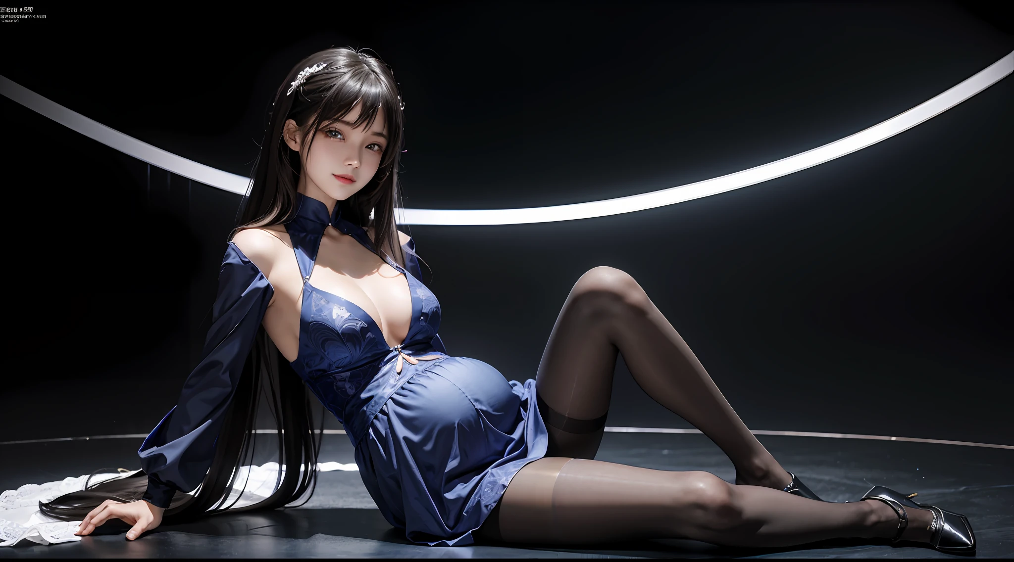tmasterpiece, 1 beutiful girl, Detailed eyes, Swollen eyes, Best quality at best, 超A high resolution, (Realistis: 1.4), RAW photogr, cinmatic lighting, ssmile, jpn, a asian beauty, Korea, Ren, Super beautiful, Small young face, Beautiful skins, busty figure, cyber punk perssonage(hyper realisitc), (illustratio), (A high resolution), (8K), (The is very detailed), (Most Best Illustration), (ultra-detailliert), (the wallpaper), (详细的脸), audience looking, finely detailled, deep shading, low tune, pureerosfaceace_V1,happy grin, long whitr hair, 46-point diagonal bangs,(Pregnant abdomen:0.95),Pantyhose,full body shot shot,Wedding dress,Black long-sleeved gloves,