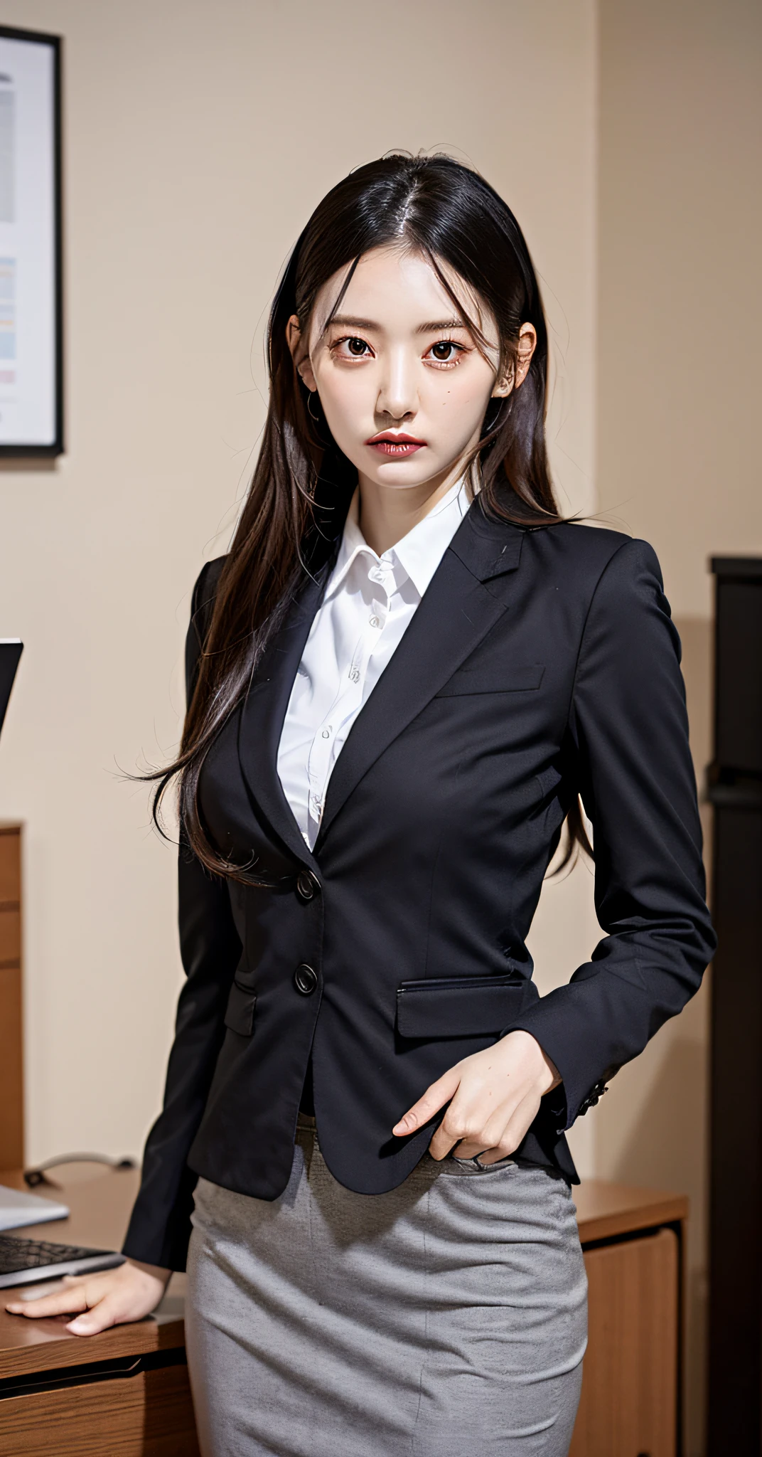 （best qualtiy，8K，32K，tmasterpiece，hyper HD：1.2），1girll，Delicate face，perfect bodies，Brustwarzen，a narrow waist，Business suit，office  lady，West skirt，office room，Office desk，（stick out buttocks：1.2）