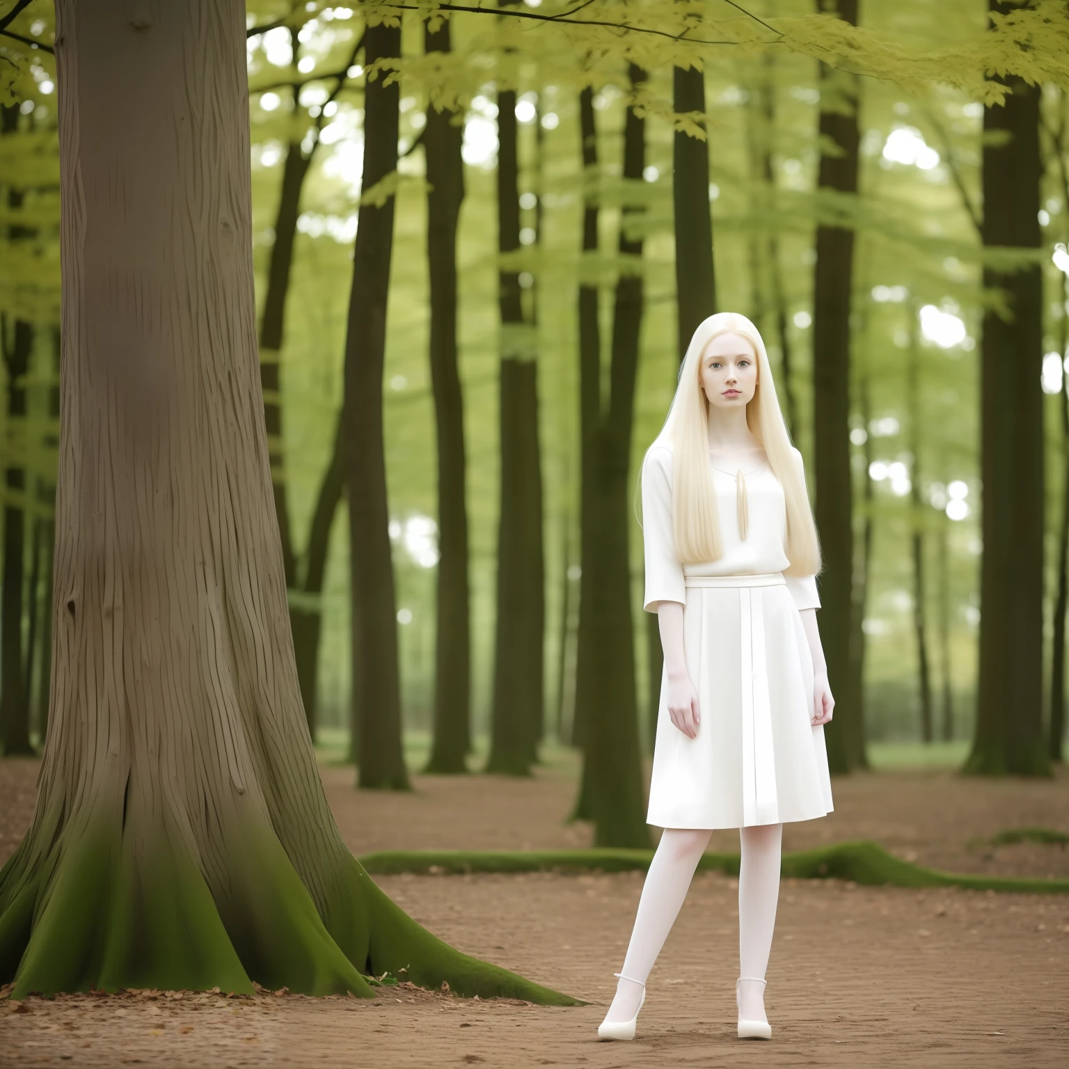 blond woman with long hair standing in front of a tree, with pale skin, pale skin curly blond hair, albino white pale skin, pale woman, extremely pale blond hair, extremely pale white skin, very pale skin, pale white skin, very very very pale skin, very very very pale white skin, very very pale white skin, ivory pale skin, pale fair skin!!