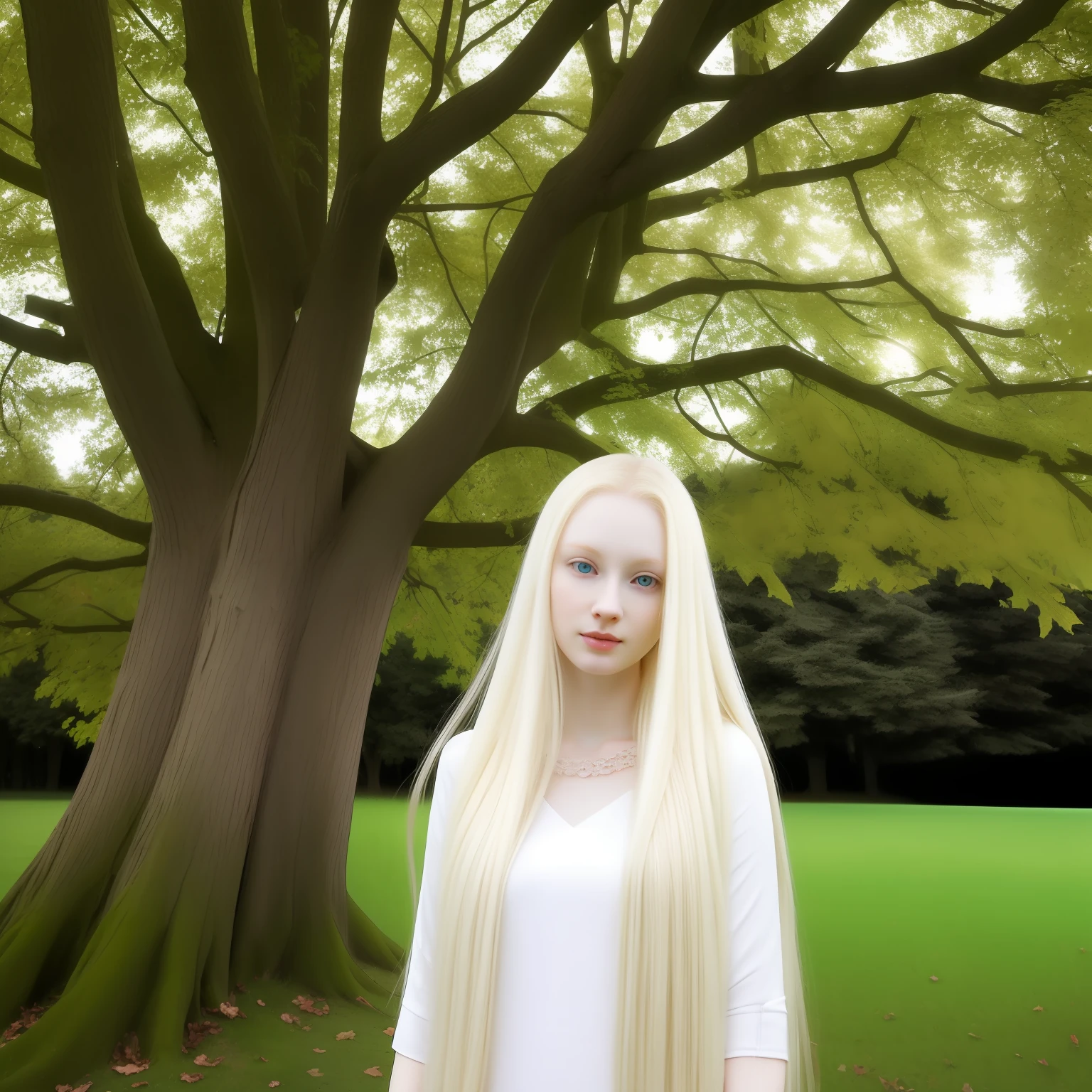 blond woman with long hair standing in front of a tree, with pale skin, pale skin curly blond hair, albino white pale skin, pale woman, extremely pale blond hair, extremely pale white skin, very pale skin, pale white skin, very very very pale skin, very very very pale white skin, very very pale white skin, ivory pale skin, pale fair skin!!