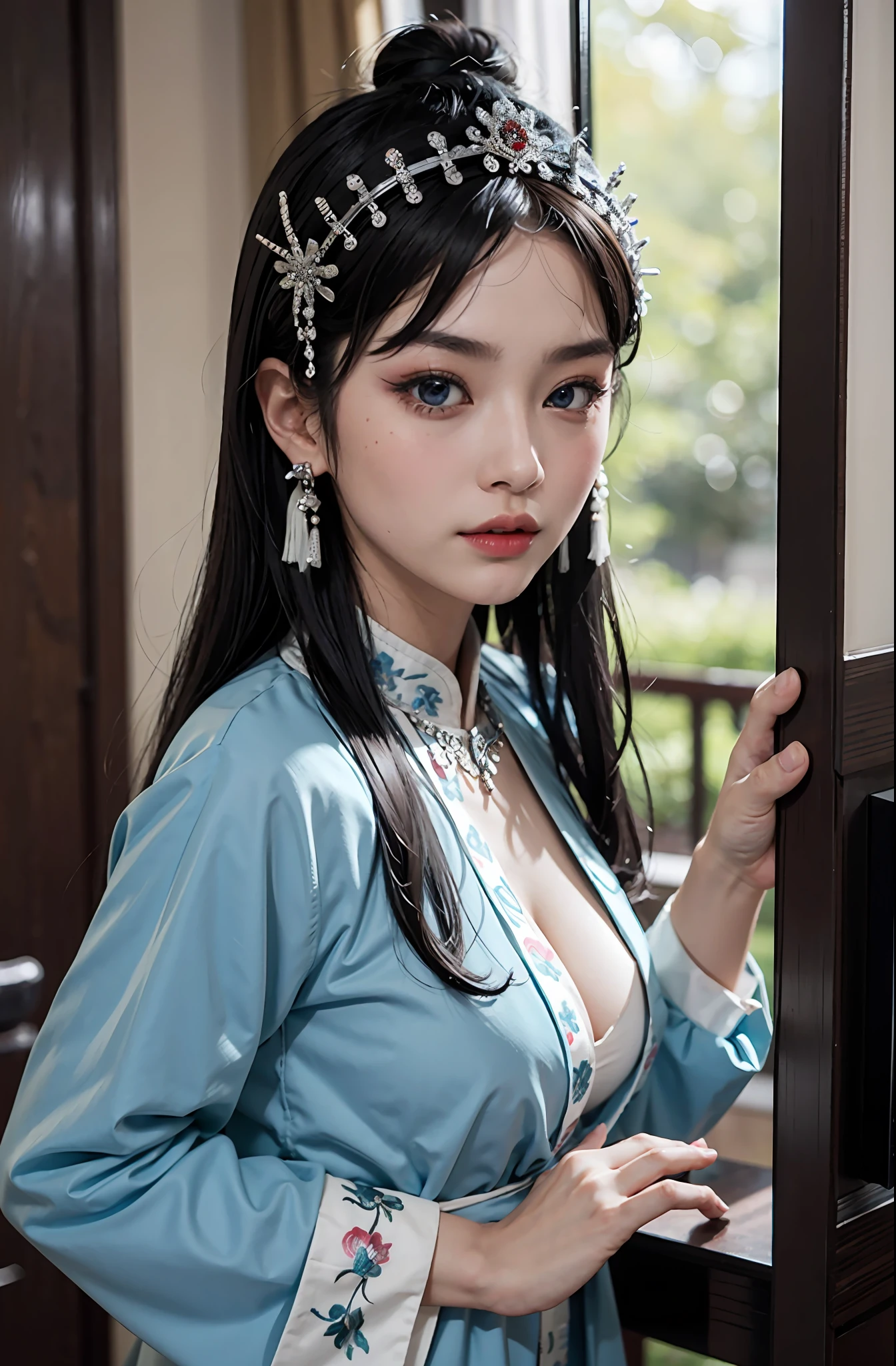 1girll,(Nordic supermodel),sface focus,(Peking Opera Half Noodles:1.2),(lucid blue eyes:1),(tmasterpiece,top-quality,best qualityer,offcial art,Beauty and aesthetics:1.2),up front view,facing to audience,(full bodyesbian:1.1),huge tit