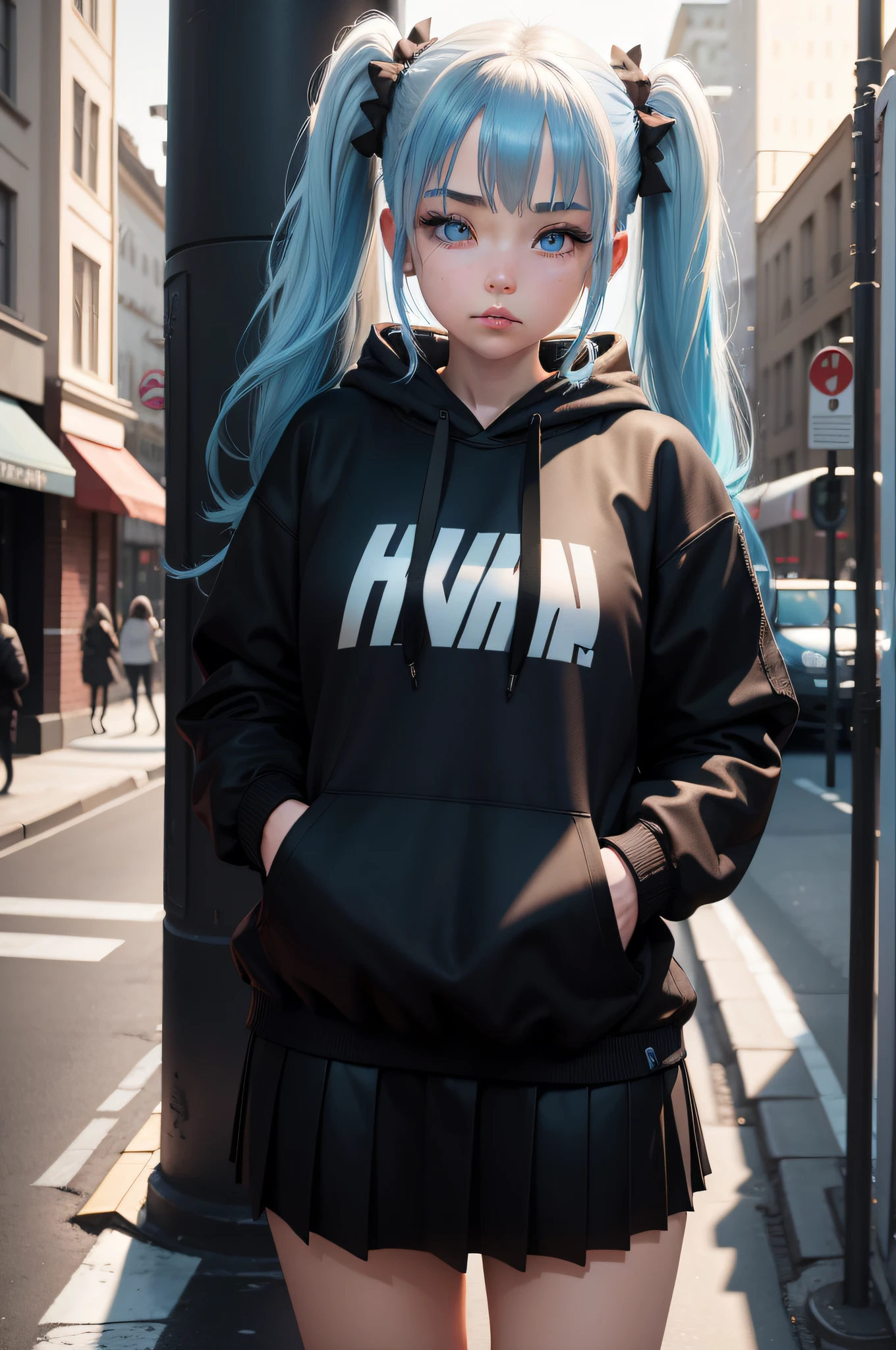 1girl, blue hair, blue eyes, twin tails, black hoodie, black and white skirt, city, absurdres, high res, ultrasharp, 8K, masterpiece, looking at viewer
