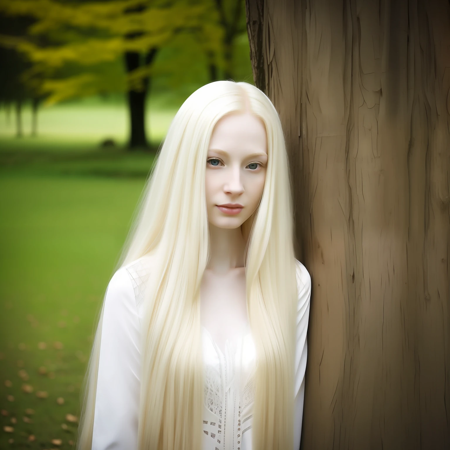 blond woman with long hair standing in front of a tree, with pale skin, pale skin curly blond hair, albino white pale skin, pale woman, extremely pale blond hair, extremely pale white skin, very pale skin, pale white skin, very very very pale skin, very very very pale white skin, very very pale white skin, ivory pale skin, pale fair skin!!