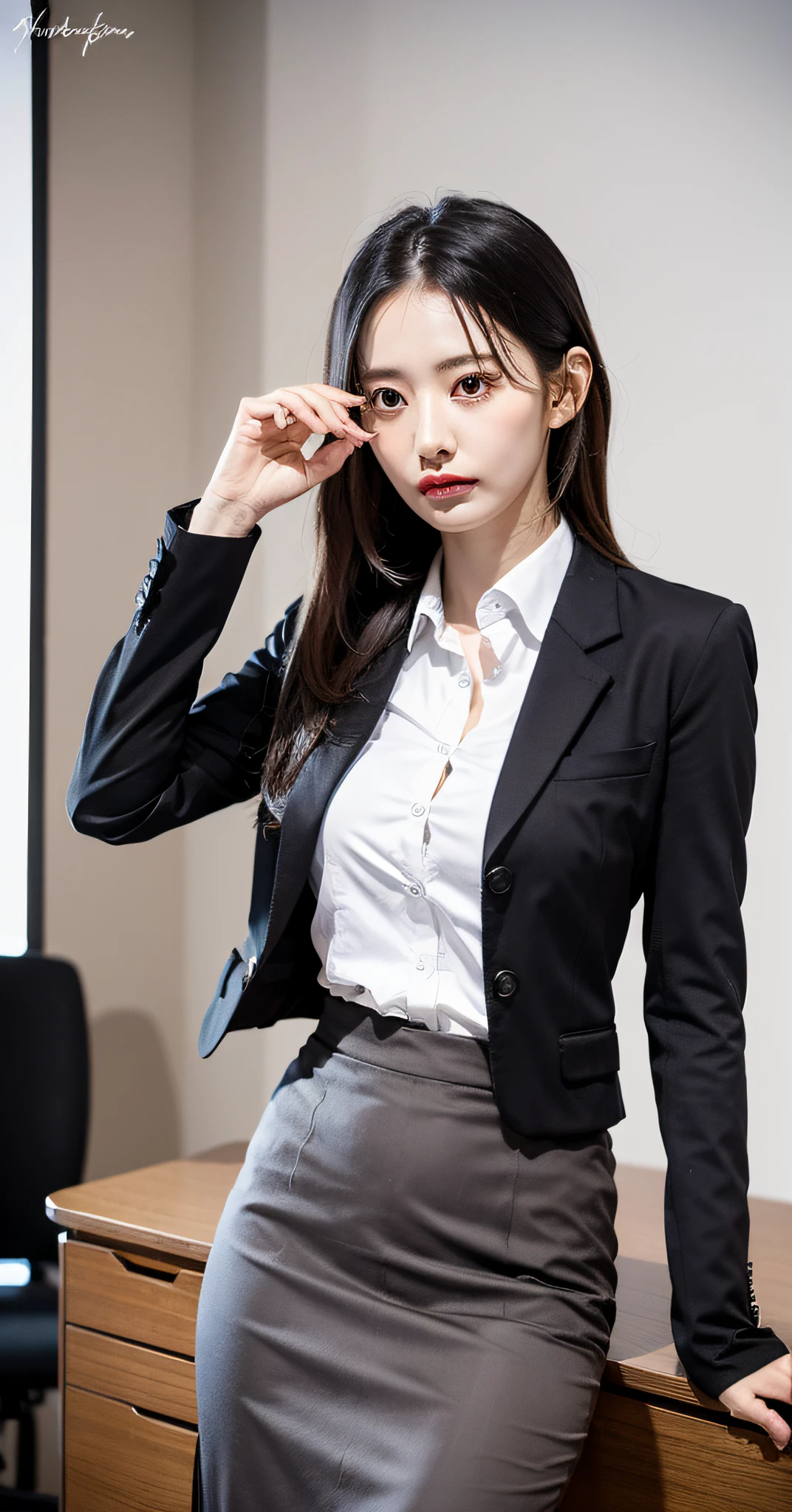 (best qualtiy,8K,32K,tmasterpiece,hyper HD:1.2),1girll,Delicate face,perfect bodies,Brustwarzen,a narrow waist,Business suit,office lady,West skirt,office room,Office desk,(stick out buttocks:1.2)