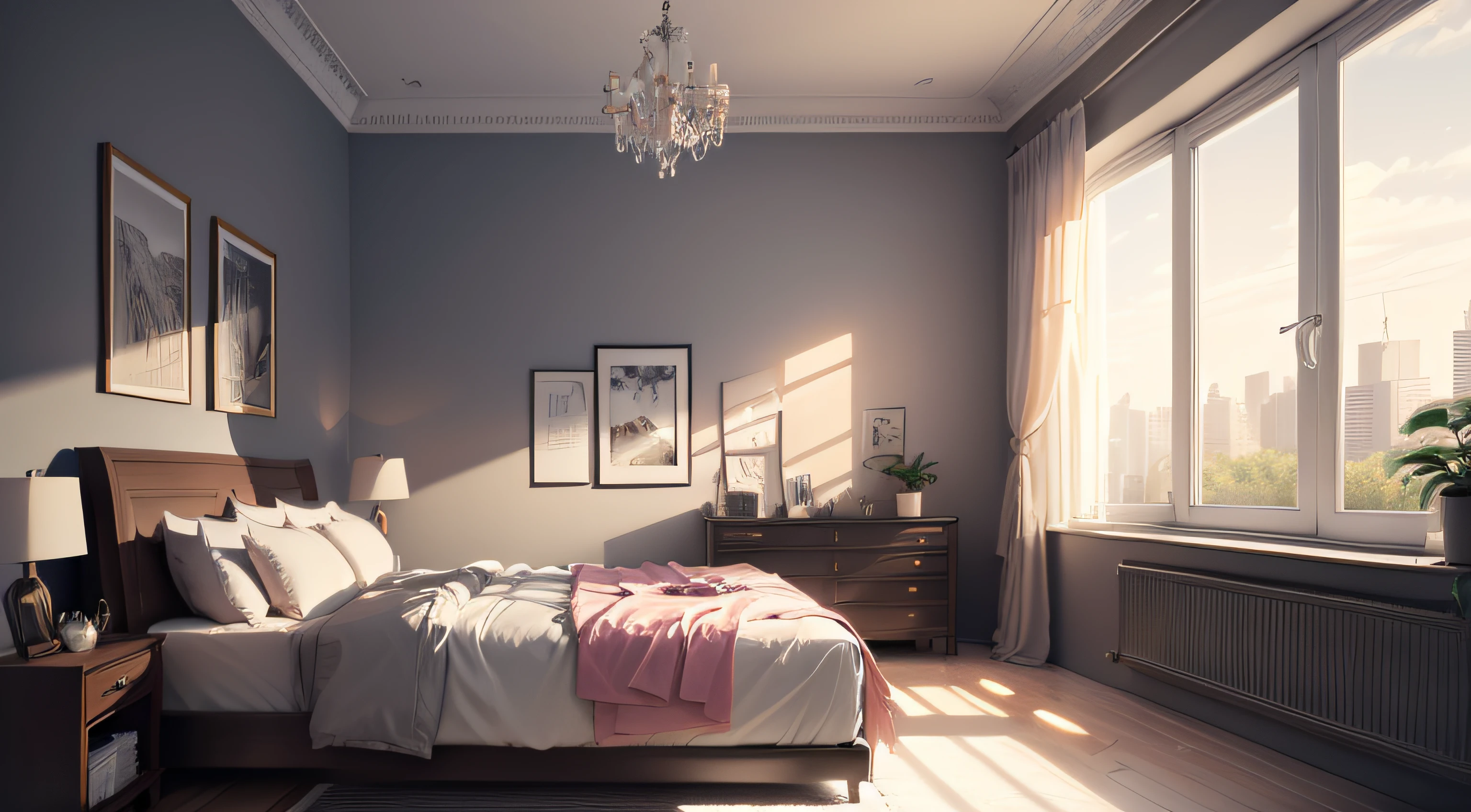 ((best qualtiy, 8k, tmasterpiece:1.3)), a drawing of a bedroom with a bed, Chairs and windows, inside bedroom,Pink big breasts, Modern style, Bed room, building rendering, Bedroom interior, sketch illustratio, Sketch - up, clean linework, conceptual drawing, detailed renderings, room interior, Interior design, stylized linework, flat linework, lineworks