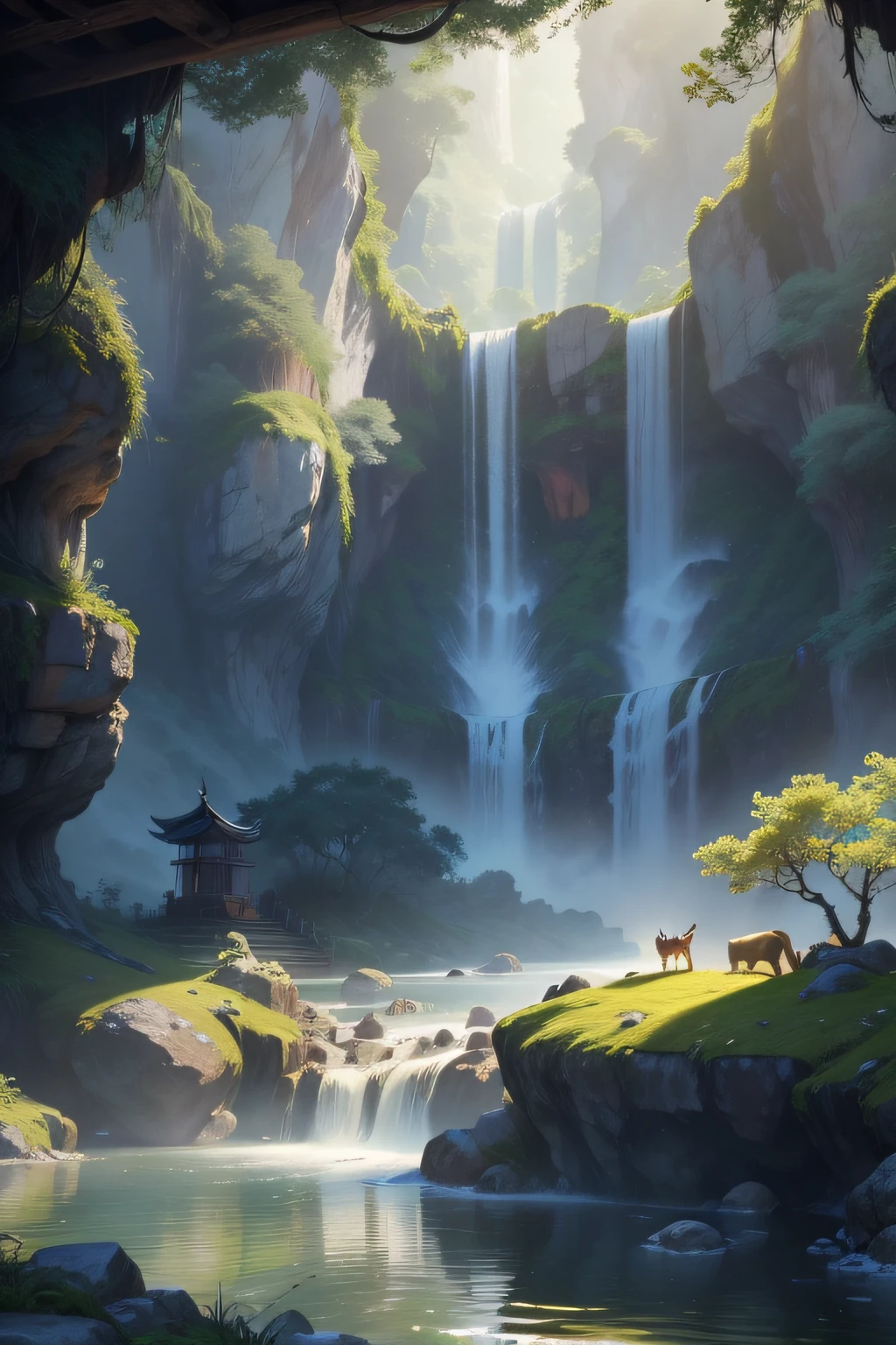 Chinese ancient times, spring, jungle, lake, cave, waterfall, tree, meadow, rock, deer, hot spring, water vapor, (illustration: 1.0), epic composition, realistic lighting, HD details, masterpiece, best quality, (very detailed CG unified 8k wallpaper)