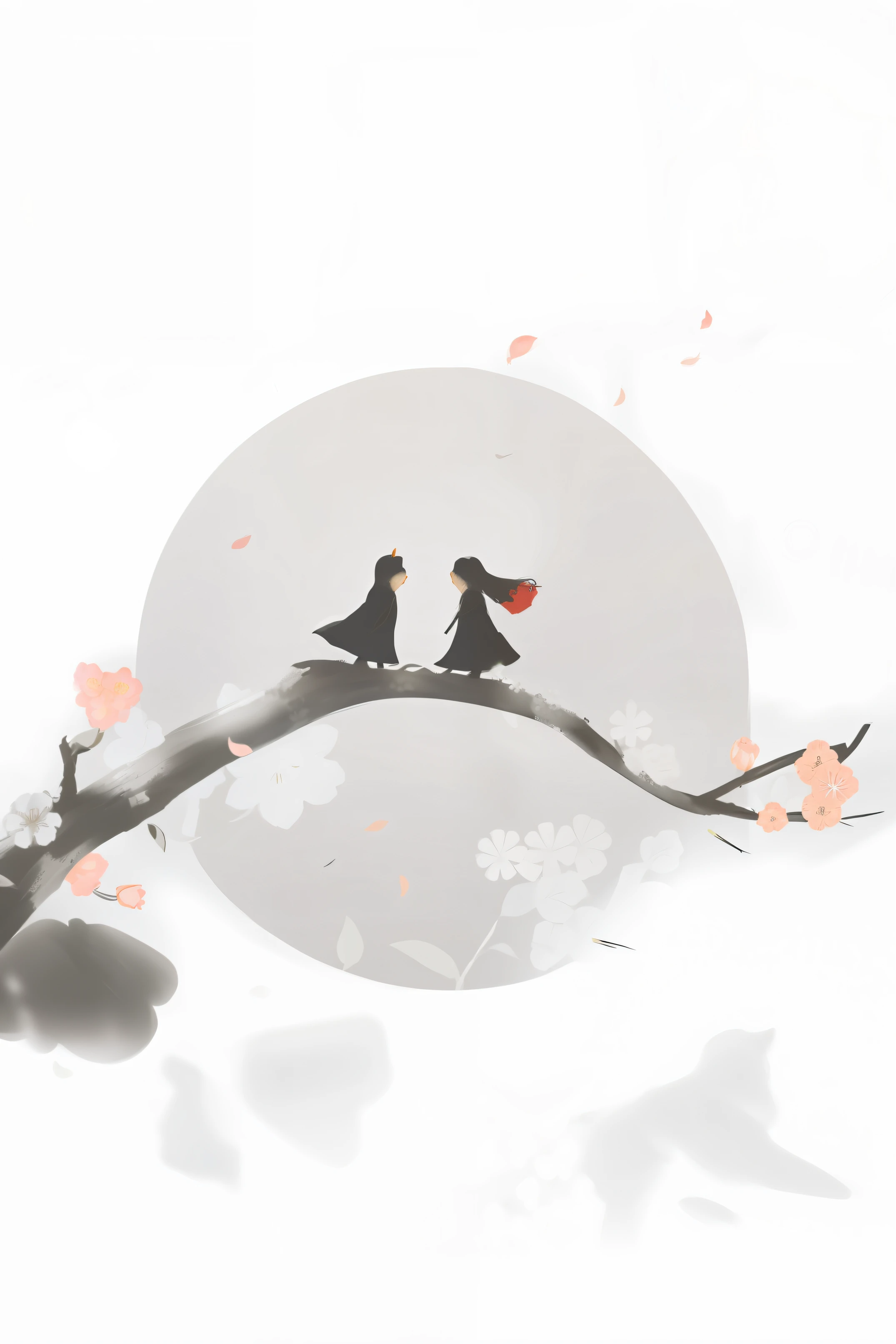 florals,flowering branch,ink wash style,couple