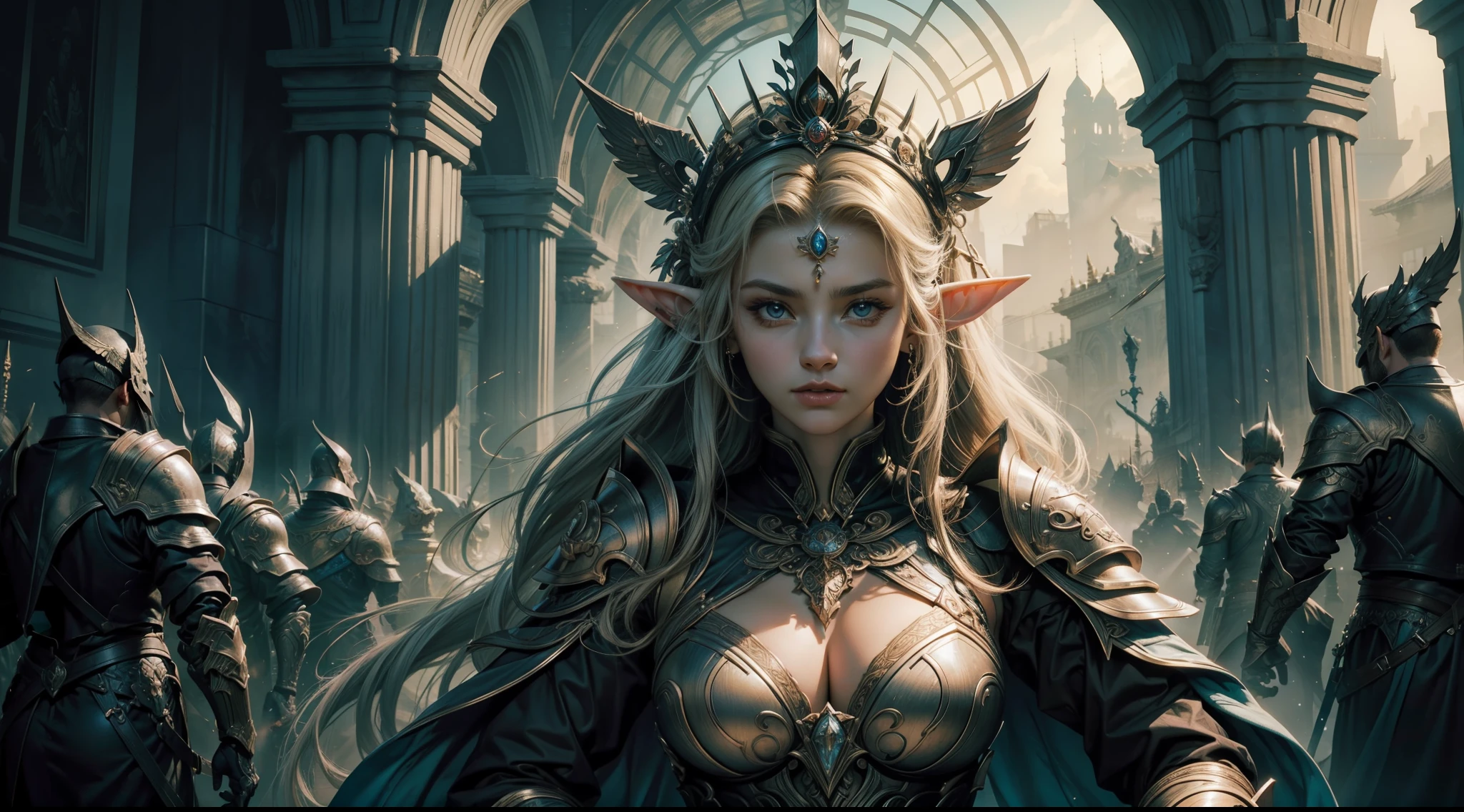（tmasterpiece，top-quality，best qualityer，offcial art，Beauty and aesthetics：1.2），（tmasterpiece：1.3）， （8k， realisticlying， RAW photos， best qualtiy： 1.4）， beauitful face， （photorealiscic face）， absurderes， Attractive， 超高分辨率， Ultra photo realsisim， highly  detailed， the golden ratio， （Award-winning digital artwork：1.3） af （sketching：1.3），（with dynamism：1.3），（Saturation：1.3），（Close portrait：1.3），（femele：1.4），（big breasts beautiful： 1.4),(carismatic:1.3),female elf，Heavy armor，Large breasts，diadems，complex patterns，Perfect Detailed Eyes，The background is a dry jungle，Film filter, ，dramatics，dynamicposes，Fighting posture，illusory engine， (High detail: 1.9)，mystic symbols，（（Glowing sword））
