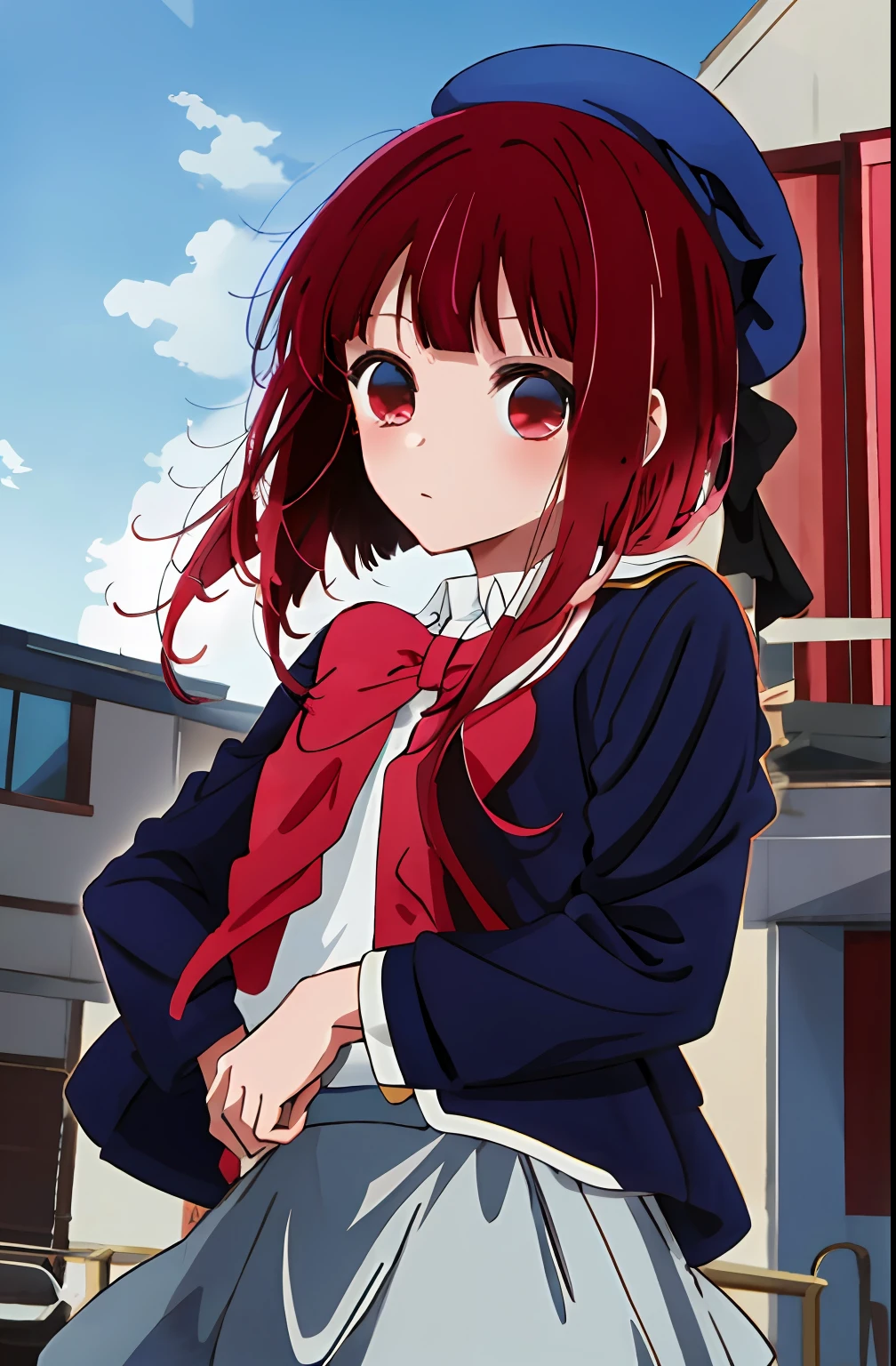 anime girl with red hair and a blue hat standing in front of a building, close up iwakura lain, iwakura lain, anime moe artstyle, anime visual of a cute girl, portrait anime girl, an anime girl, portrait of an anime girl, young anime girl, cute anime girl, anime style 4 k, smooth anime cg art