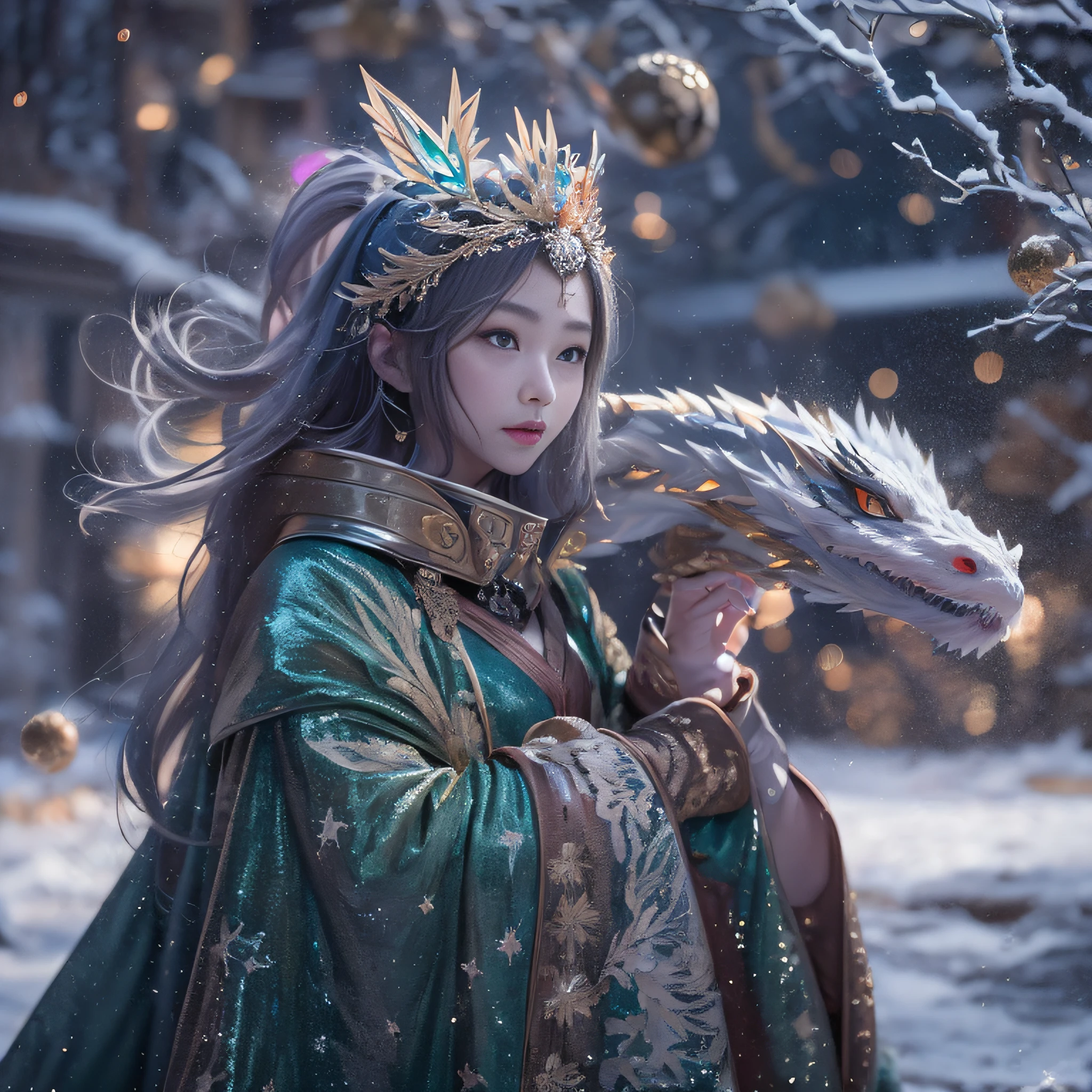 Wear glowing gloves,16k(tmasterpiece,k hd,hyper HD,16k)short detailed hair,Vintage train carriage area,Snow Tubing Girl 1:60 miniatures,Squats and work,Dragon Protector (realisticlying:1.4),Python robe,Purple-pink tiara,Snowflakes fluttering,The background is pure, A high resolution, the detail, RAW photogr, Sharp Re, Nikon D850 Film Stock Photo by Jefferies Lee 4 Kodak Portra 400 Camera F1.6 shots, Rich colors, ultra-realistic vivid textures, Dramatic lighting, Unreal Engine Art Station Trend, cinestir 800,