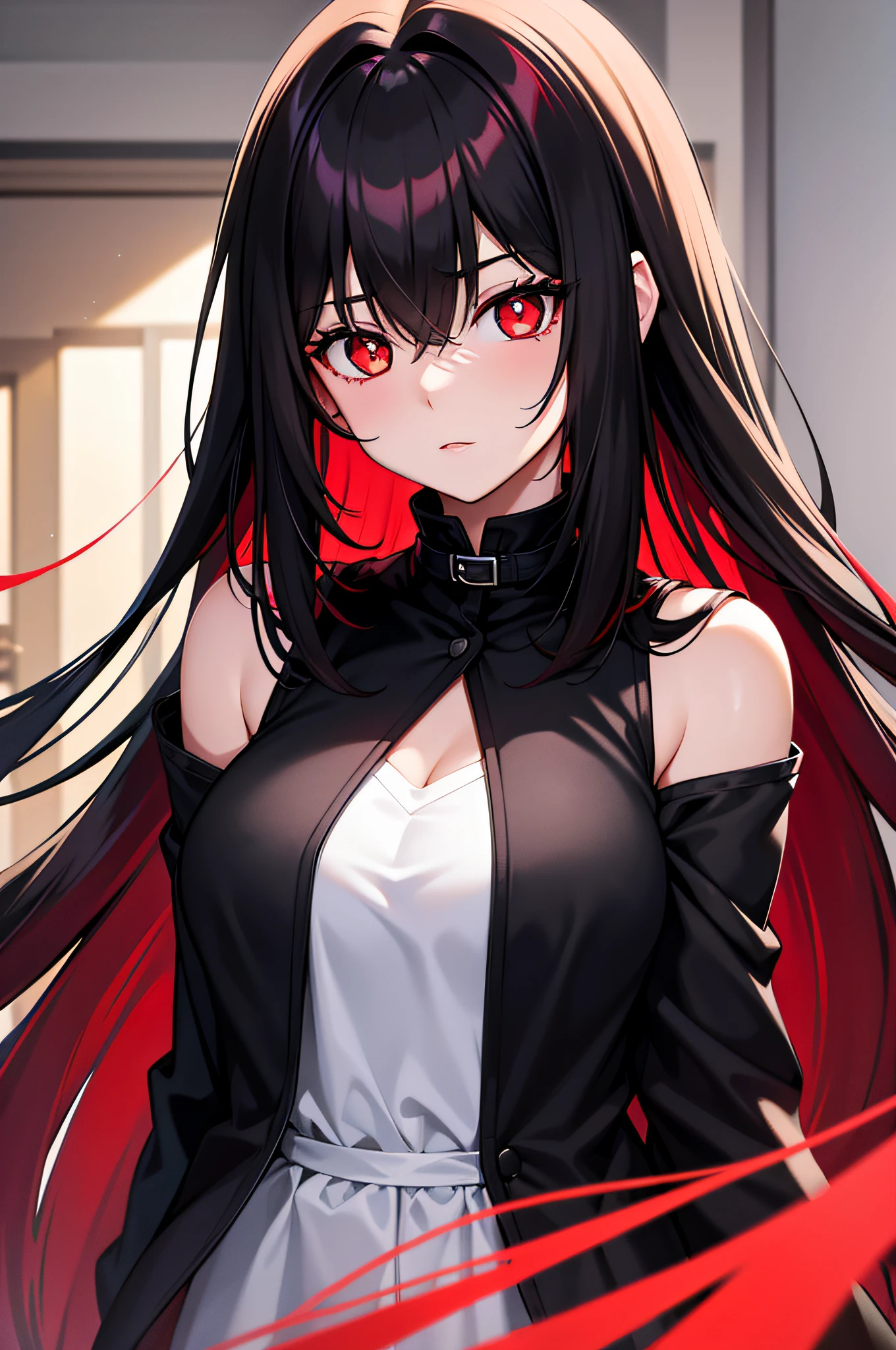 Black hair on the outside,Red hair on the inside,long whitr hair,red pupils
