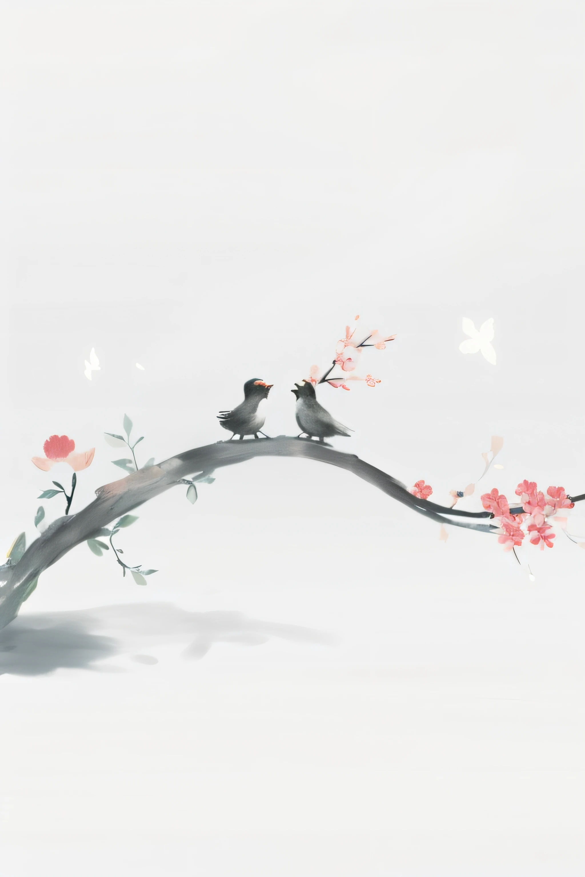 florals，flowering branch，ink wash style，couple